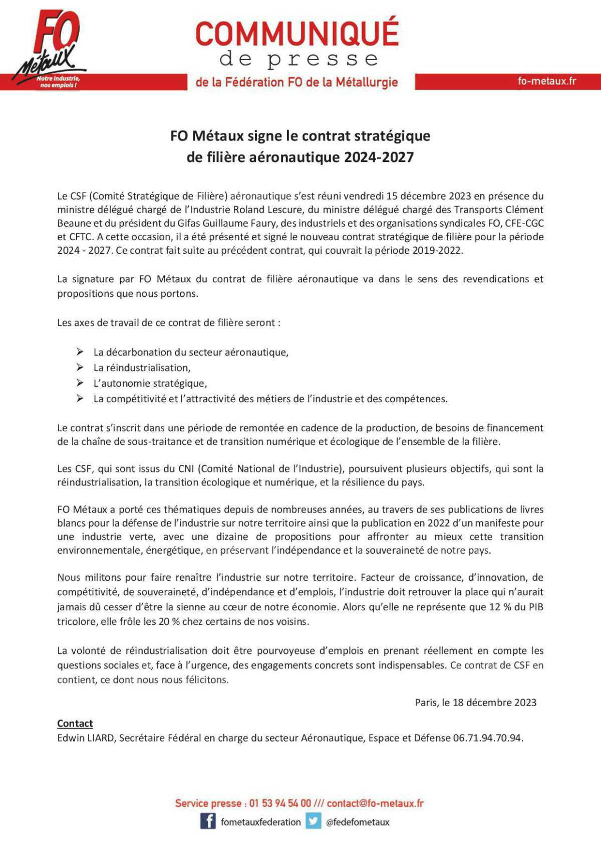 FO Métaux signe le contrat stratégique de filière aéronautique 2024-2027