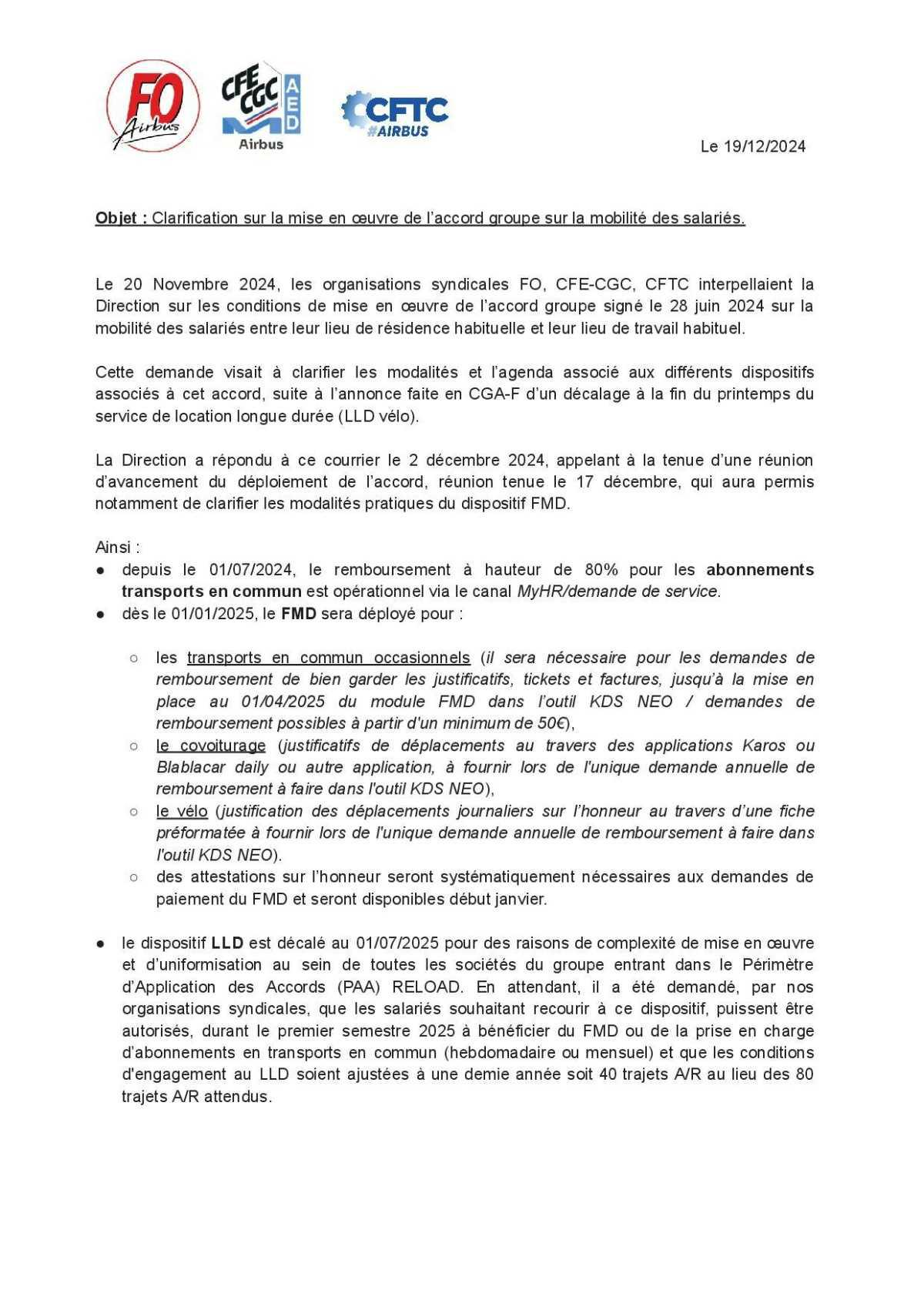 Mise en oeuvre de l'accord Groupe mobilité Domicile-Travail