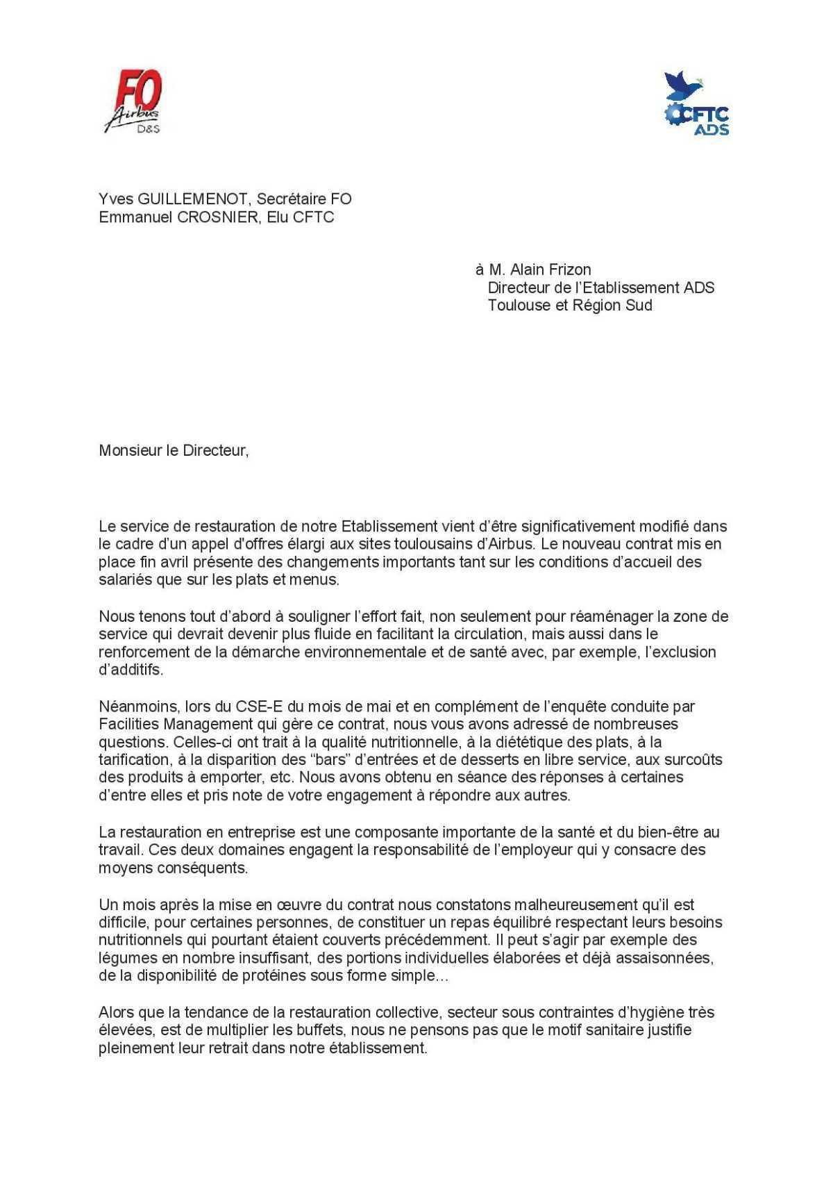 Restauration - Lettre ouverte ouverte à la Direction