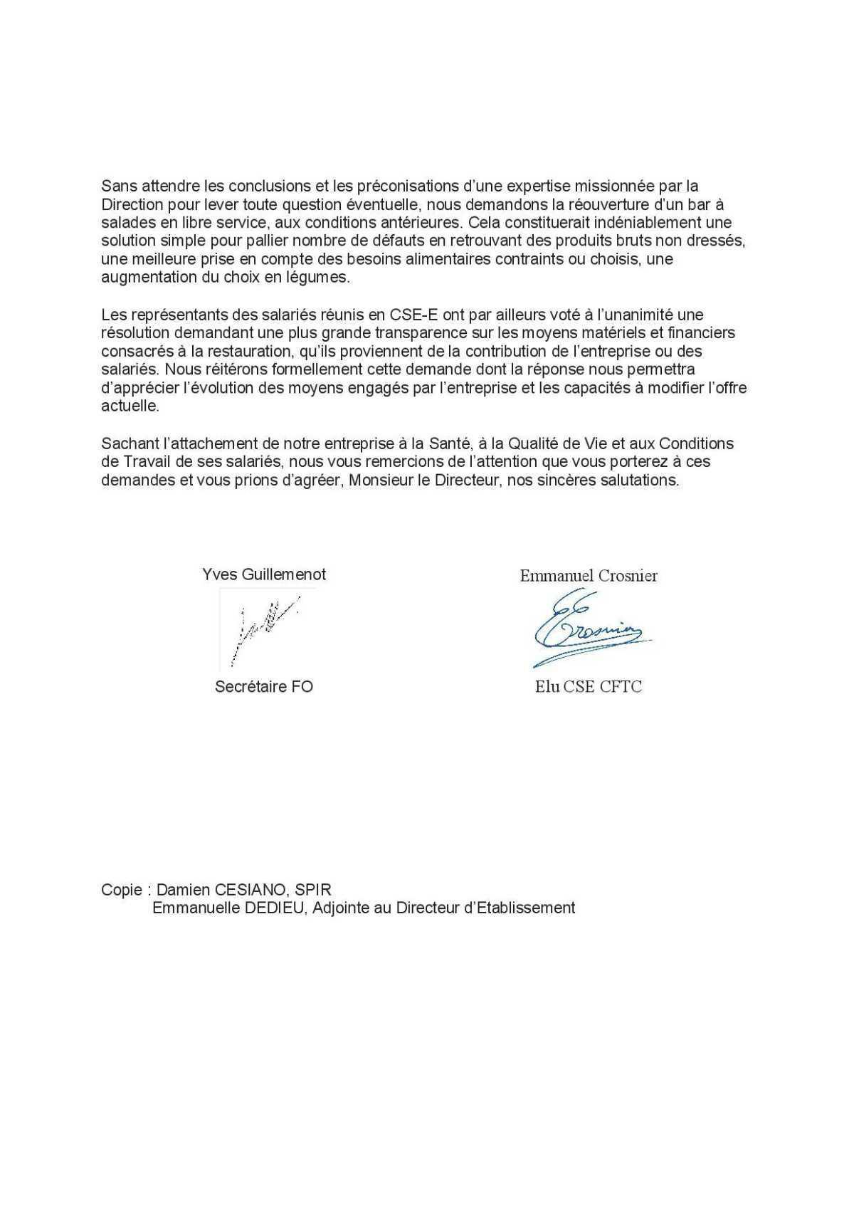 Restauration - Lettre ouverte ouverte à la Direction