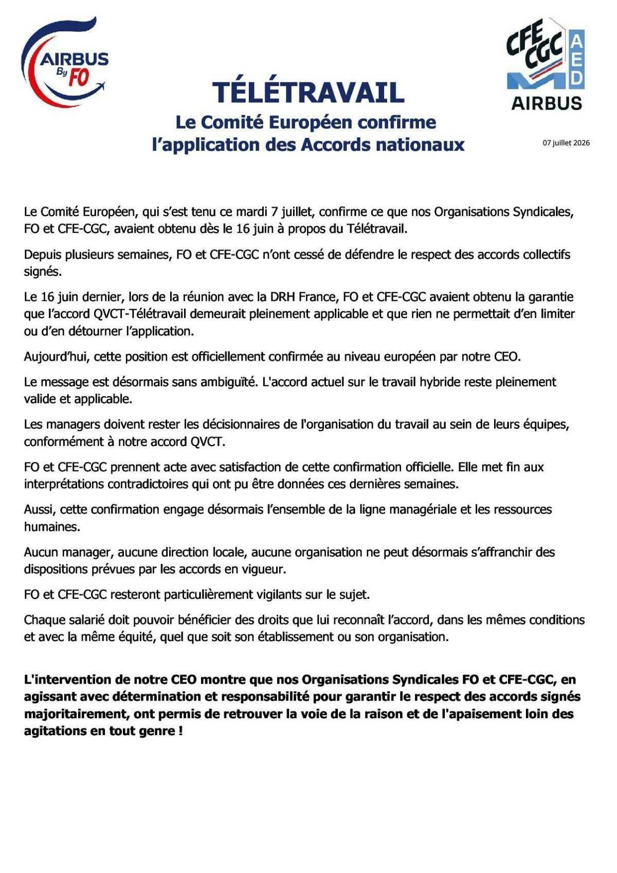 Télétravail - Airbus confirme l'application des accords