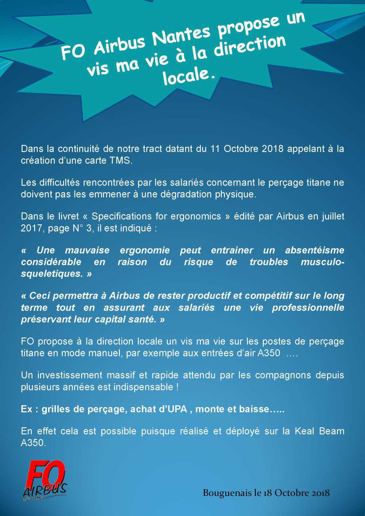 Tract : FO Airbus Nantes propose un vis ma vie à la direction locale.