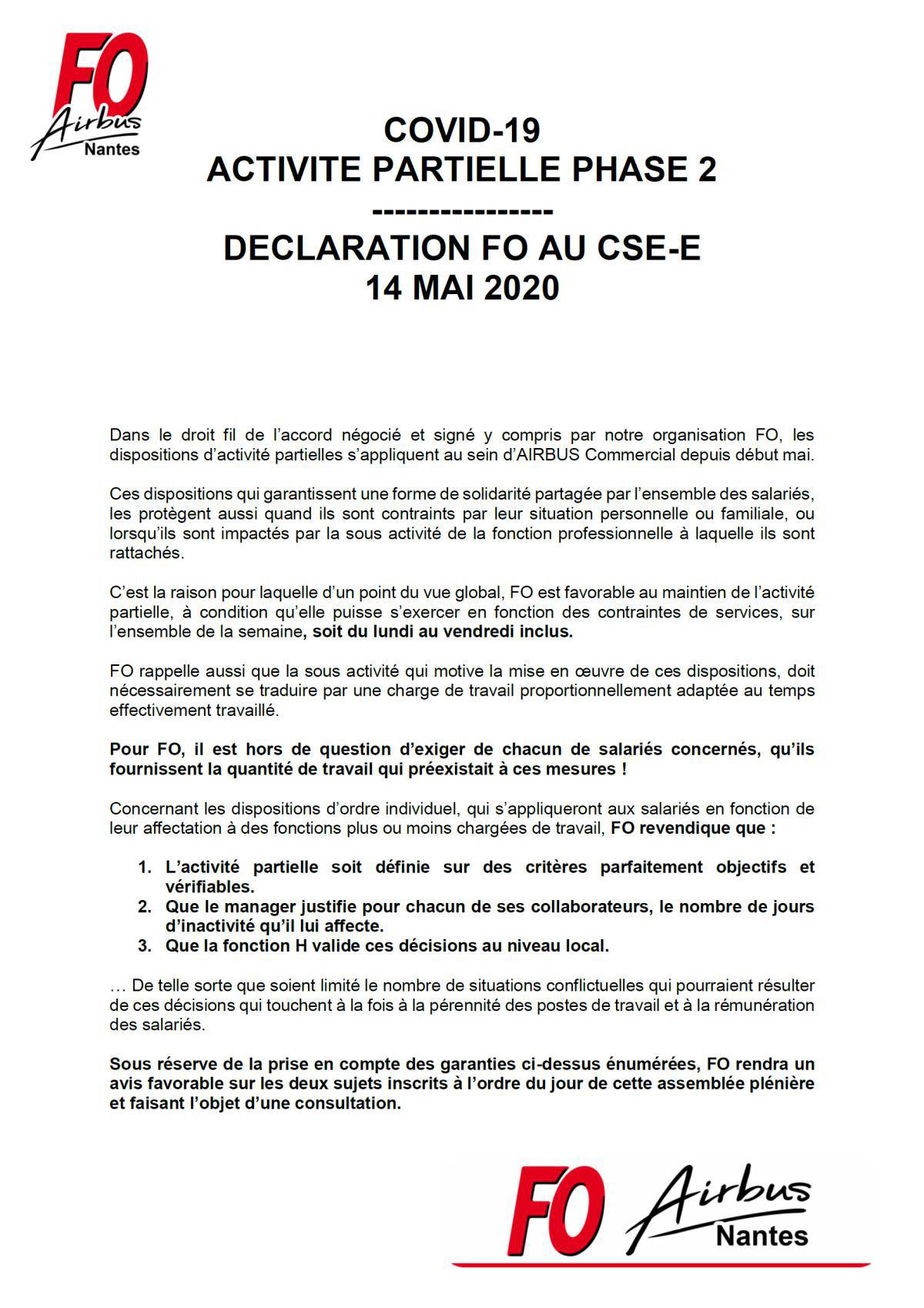 Déclaration FO lors du CSE-E du 14 mai 2020 pour la 2ème phase de l'activité partielle