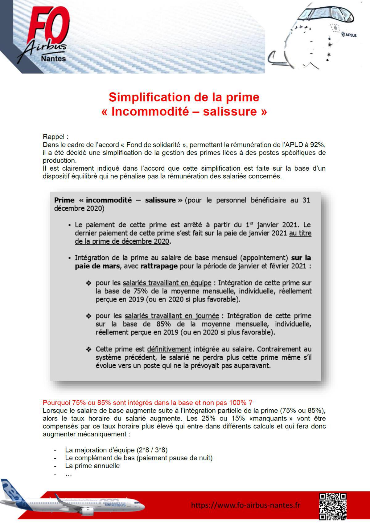 SIMPLIFICATION DE LA PRIME "incommodité - salissure"