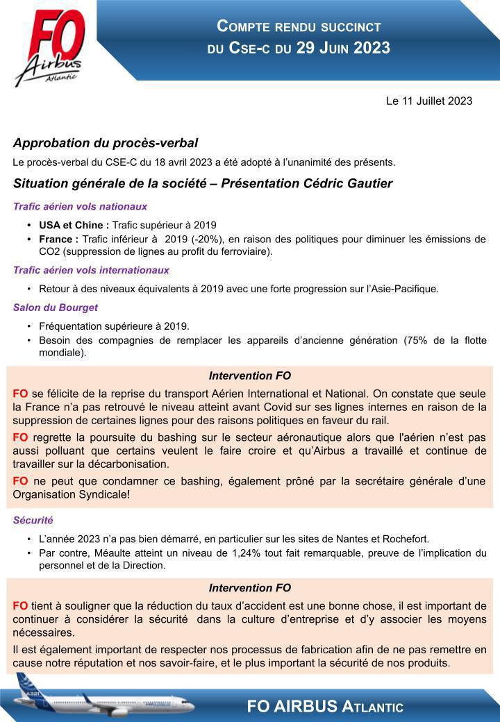 Compte rendu succinct du CSE-C du 29 Juin 2023