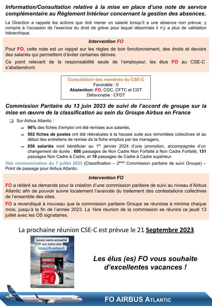 Compte rendu succinct du CSE-C du 29 Juin 2023