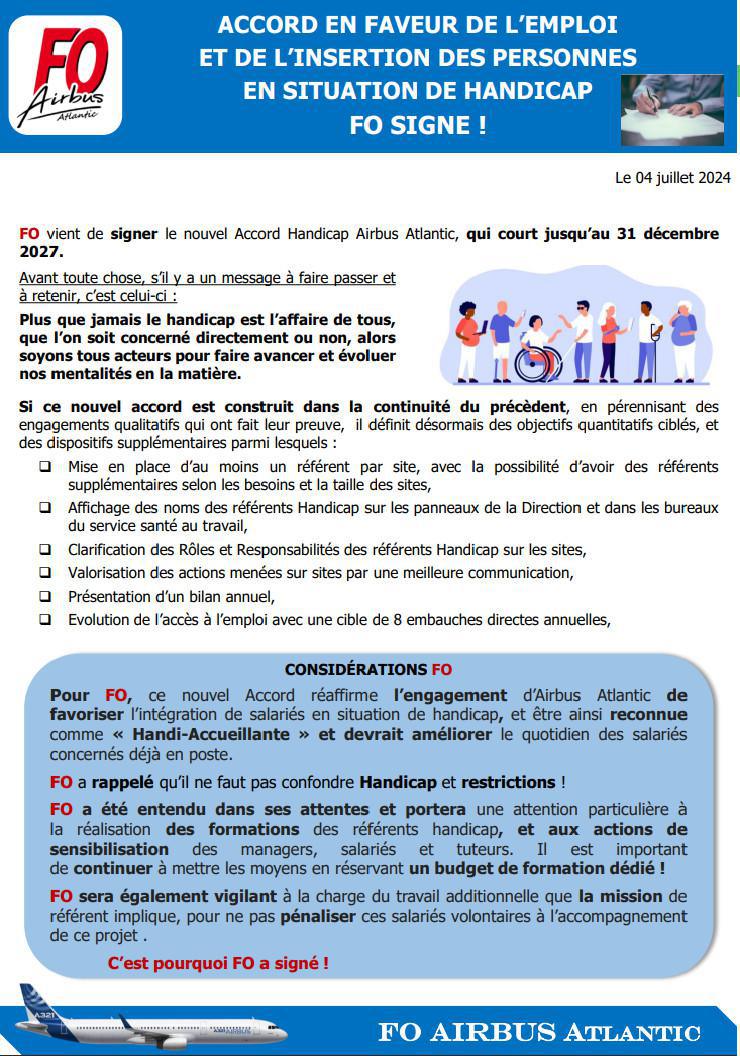 Accord en faveur de l'emploi et de l'insertion des personnes en situation de handicap FO signe !