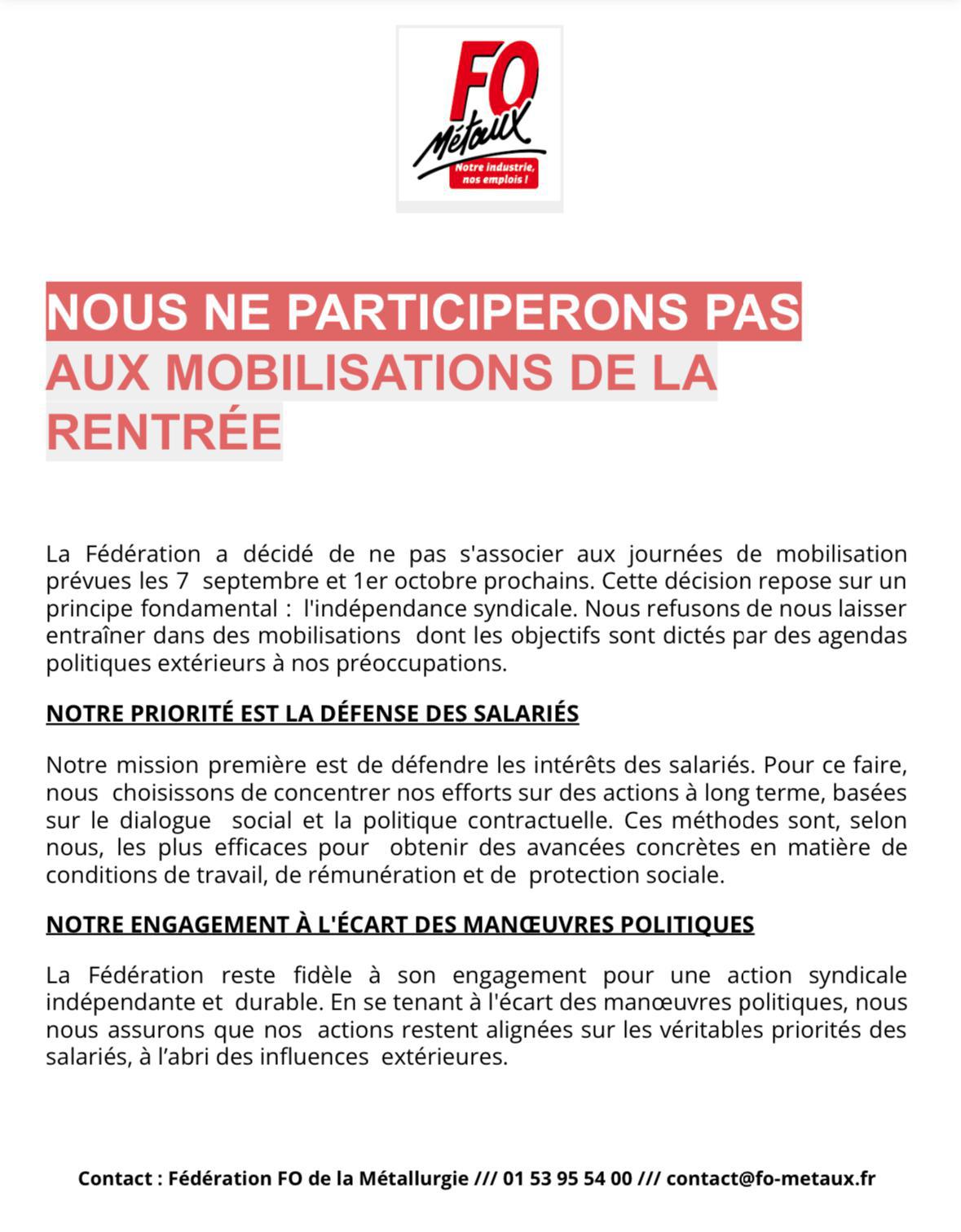 Position FO, Mobilisations de la rentrée