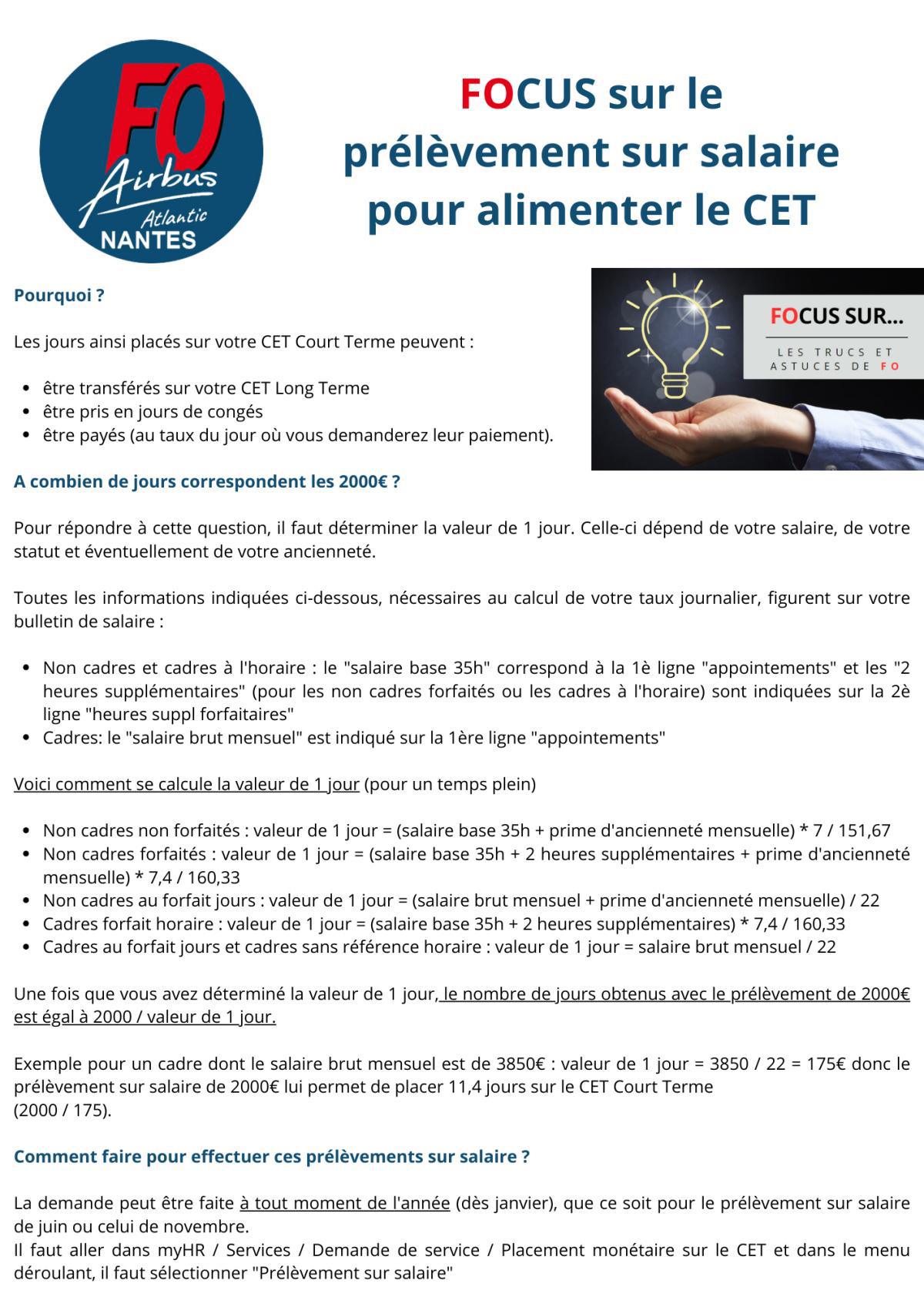 FOCUS sur le prélèvement sur salaire pour alimenter le CET