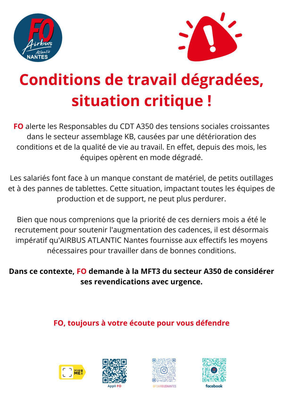 Conditions de travail dégradées, situation critique !