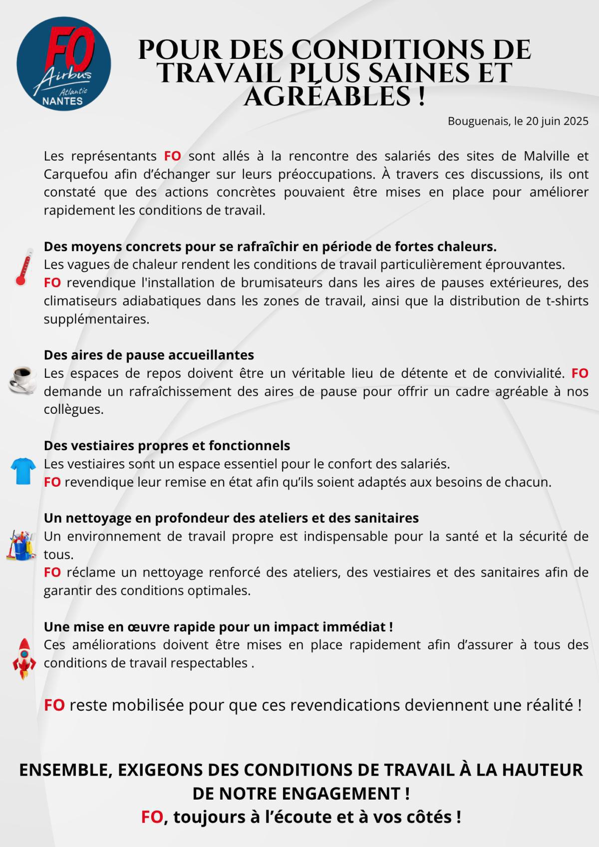 POUR DES CONDITIONS DE TRAVAIL PLUS SAINES ET AGREABLES !