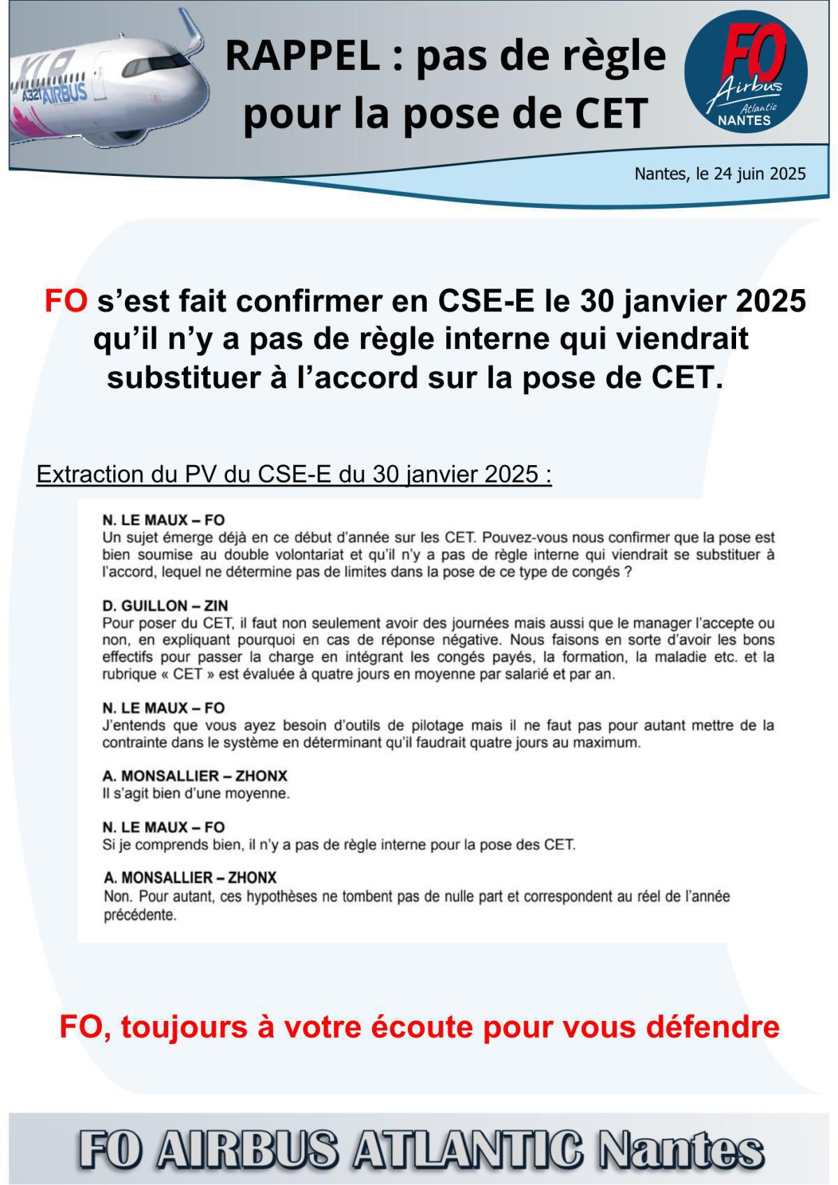 RAPPEL : pas de règle pour la pose de CET
