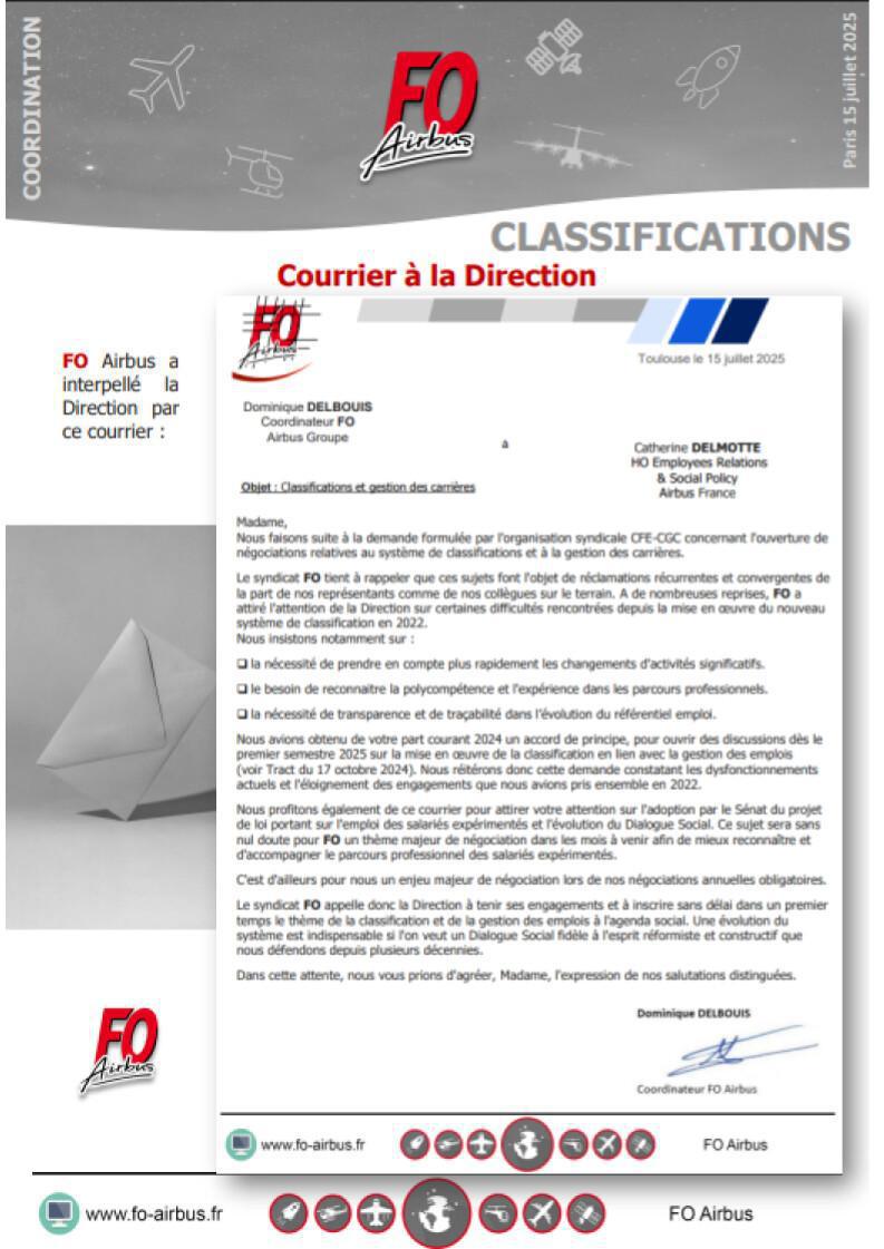 Courrier FO --> Direction : Classifications & Gestion des carrières
