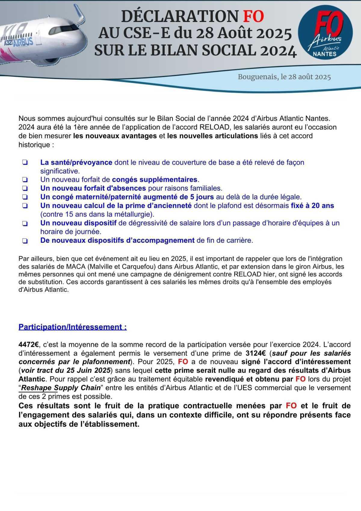 Déclaration FO au CSE-E du 28/08/25 sur le bilan social 2024