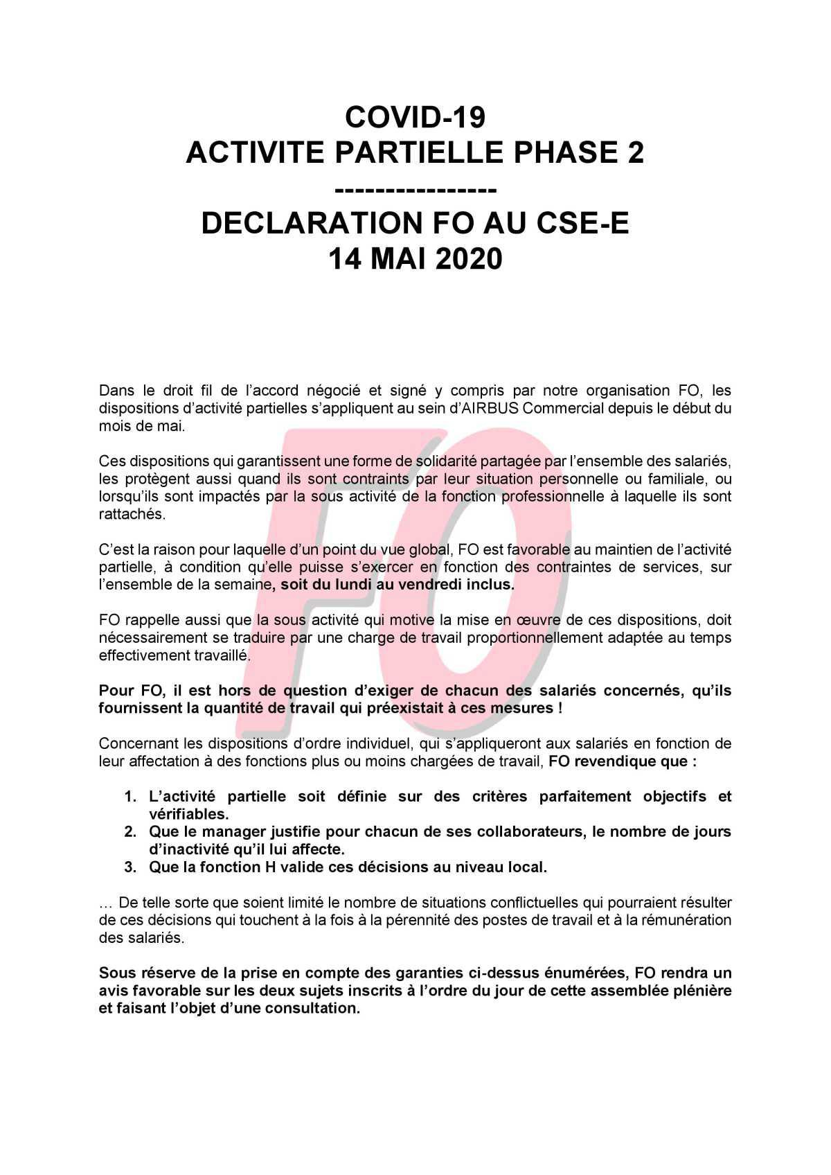 Déclaration FO au CSE.E du 14 Mai 2020