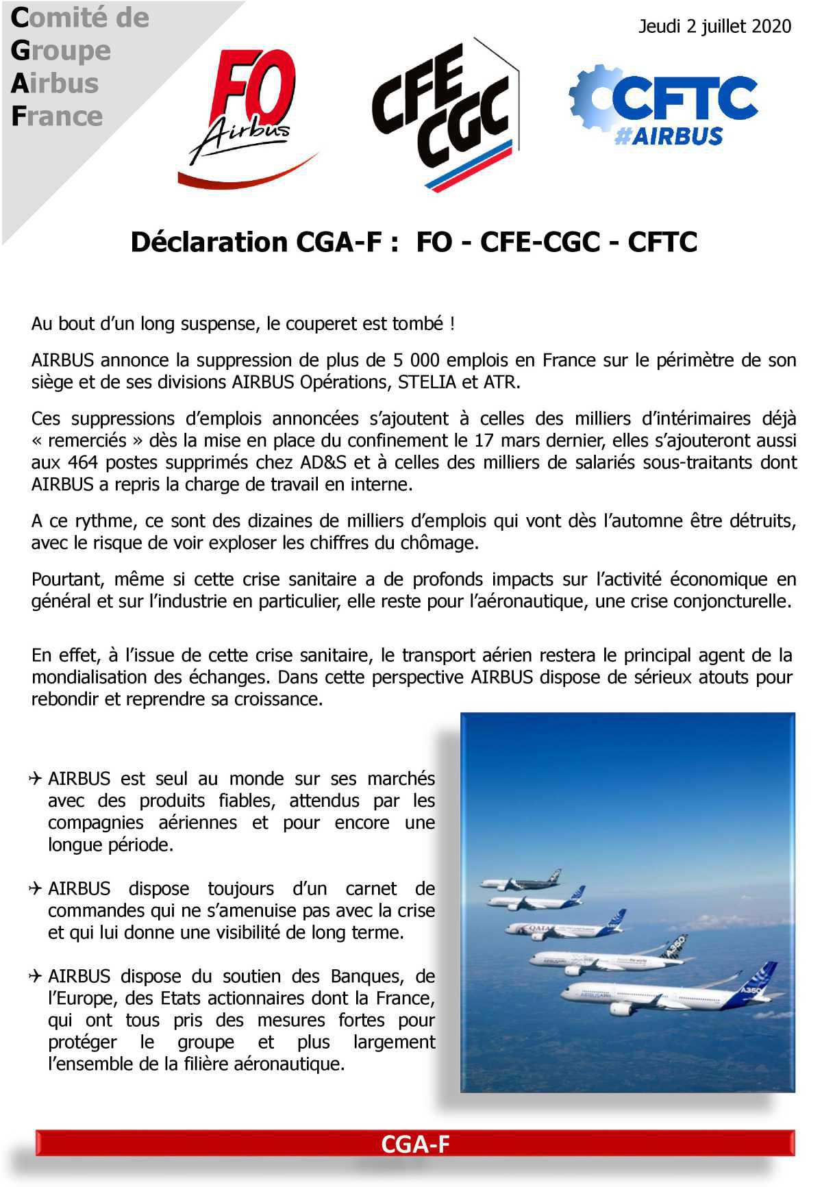 Déclaration CGA-F : FO - CFE-CGC - CFTC