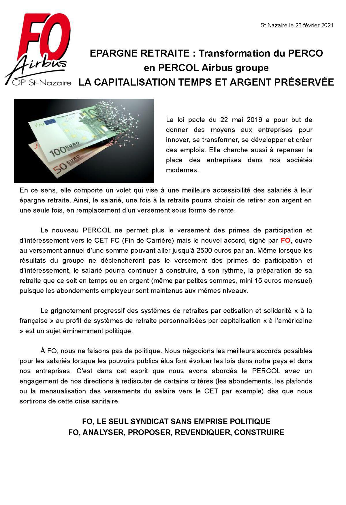 EPARGNE RETRAITE : Transformation du PERCO en PERCOL EPARGNE RETRAITE : Transformation du PERCO en PERCOL