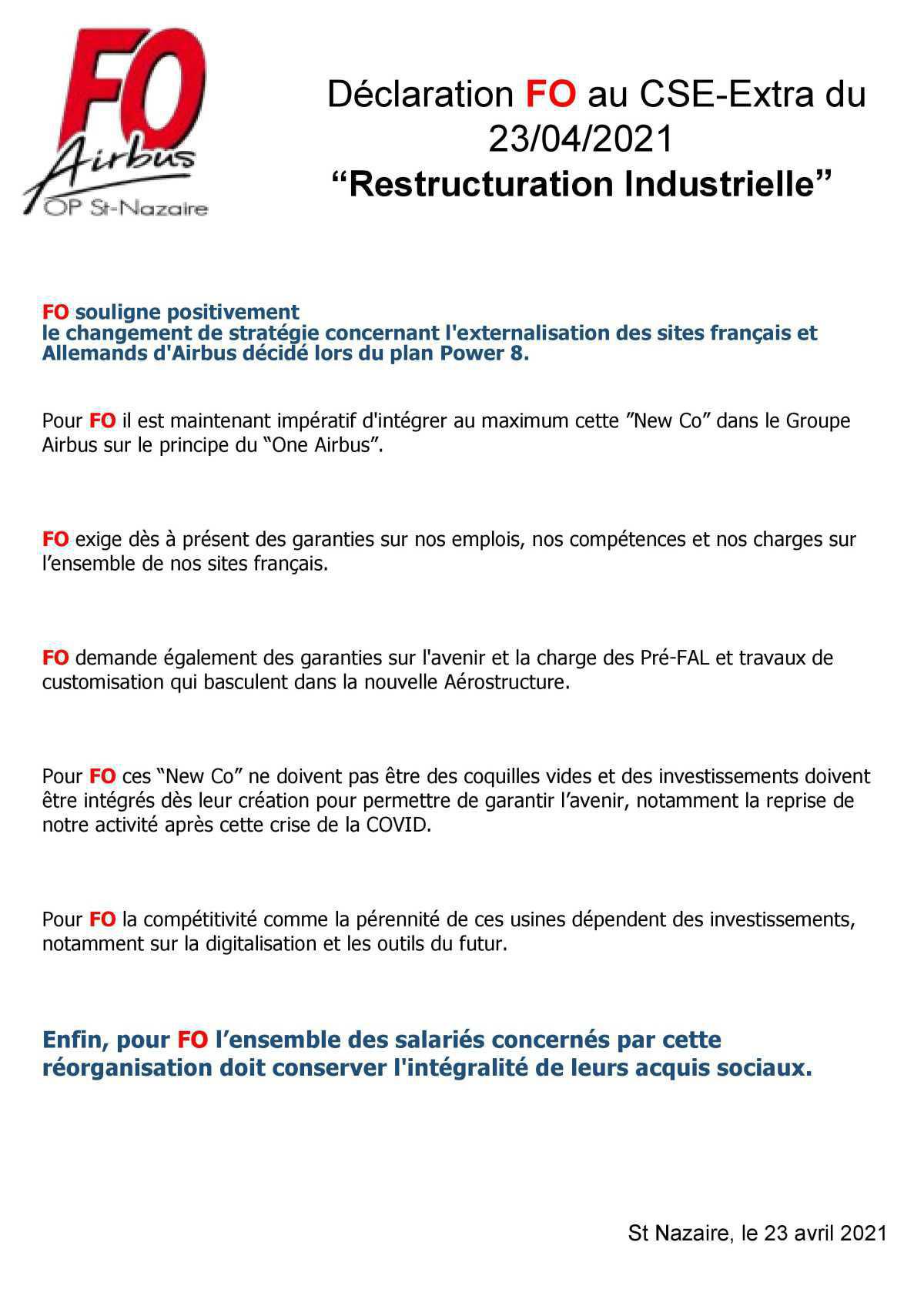 Déclaration au CSE-E extra du 23 avril 2021