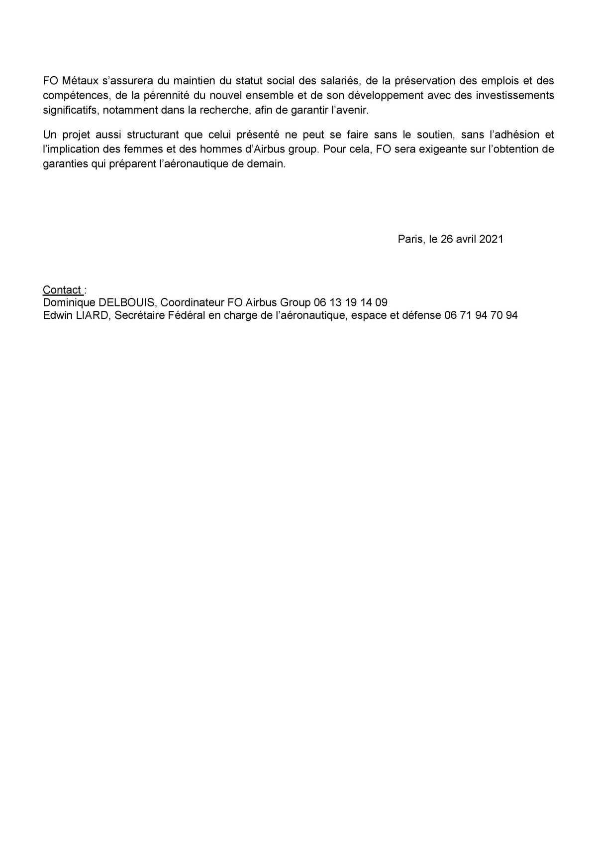 Communiqué de presse: Réorganisation industrielle, FO demande des garanties