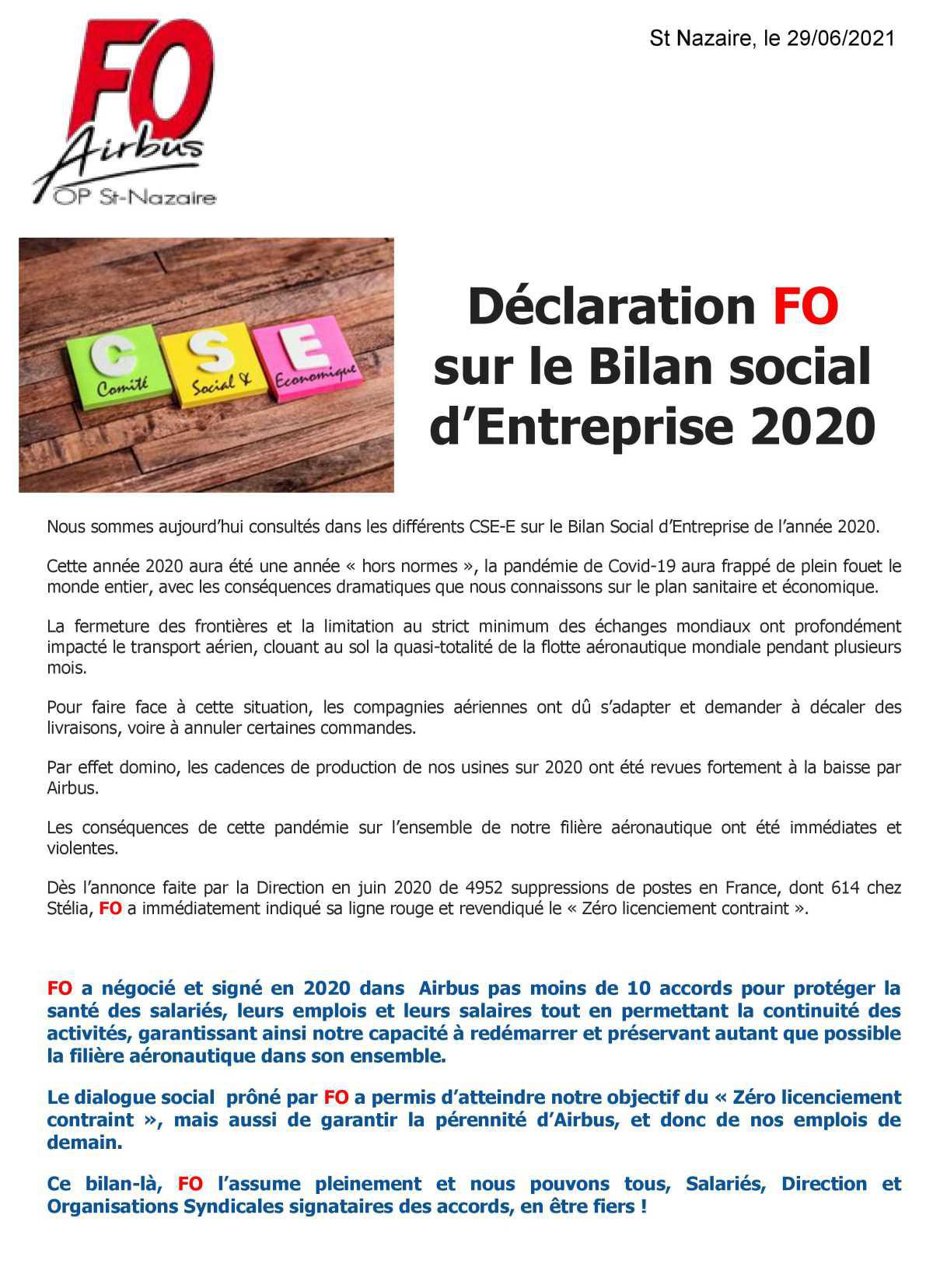 Déclaration FO sur le Bilan social d'entreprise 2020
