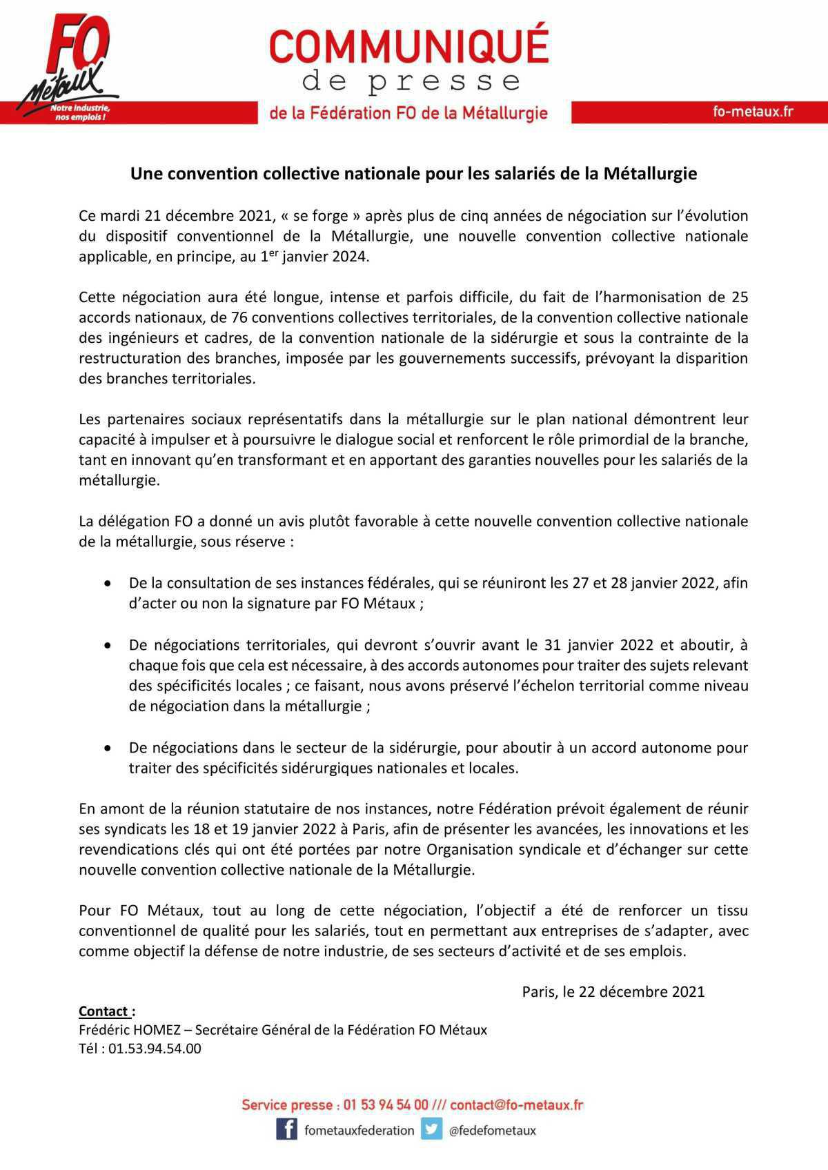 Communiqué de presse FO sur la Convention Collective Nationale de la métallurgie Communiqué de presse FO sur la Convention Collective Nationale de la métallurgie