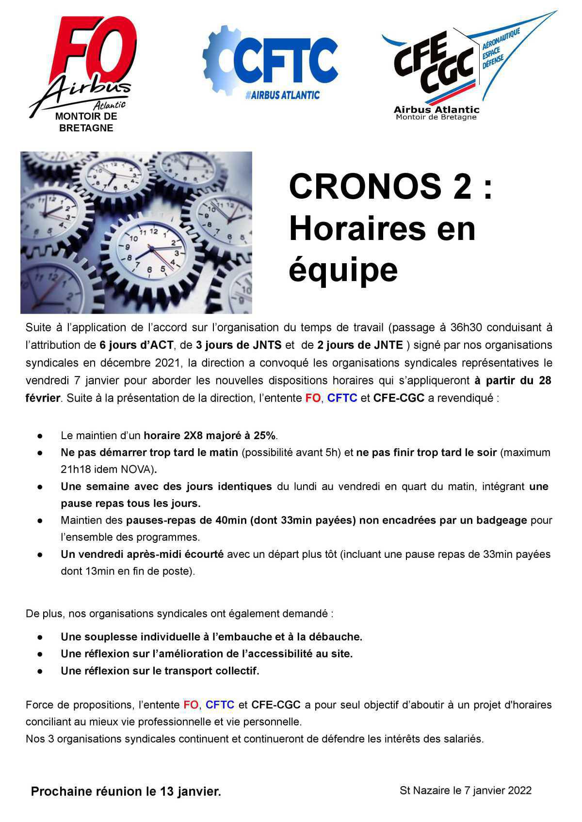 CRONOS 2 : 1ère réunion, revendications de l'entente FO, CFTC et CFE-CGC