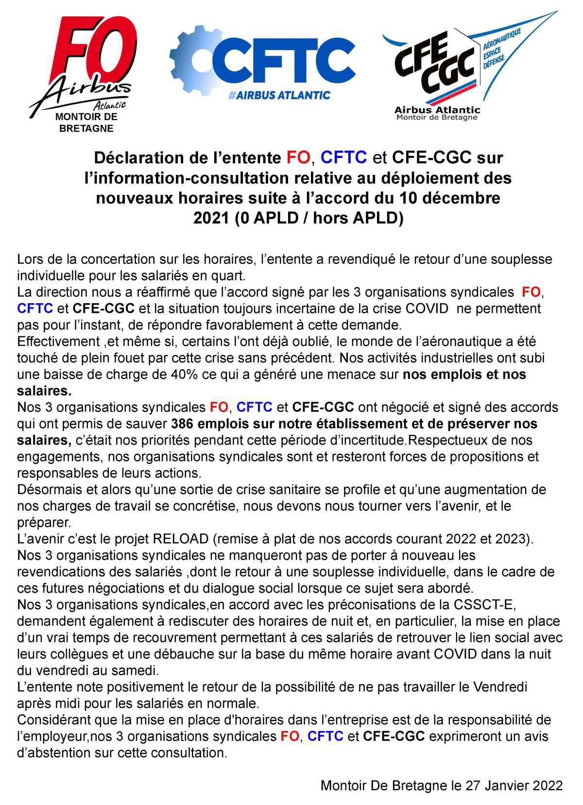 Déclaration de l'entente FO, CFTC et CFE-CGC sur le déploiement des nouveaux horaires