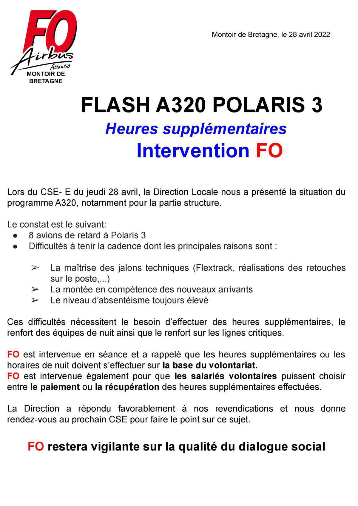 A320 Polaris : Heures Supplémentaires => Intervention FO en CSE-E du 28 04 22
