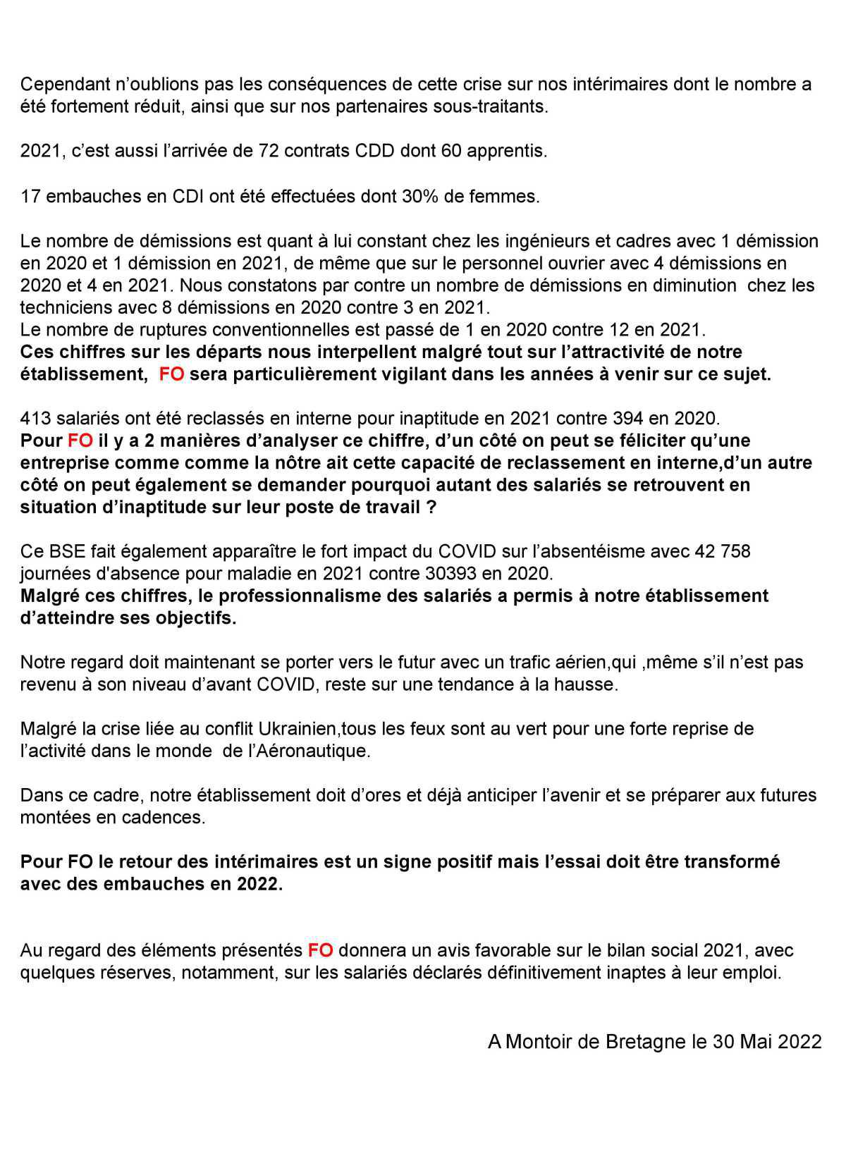 Déclaration FO au CSE-E du 30 mai 2022 sur le bilan social 2021