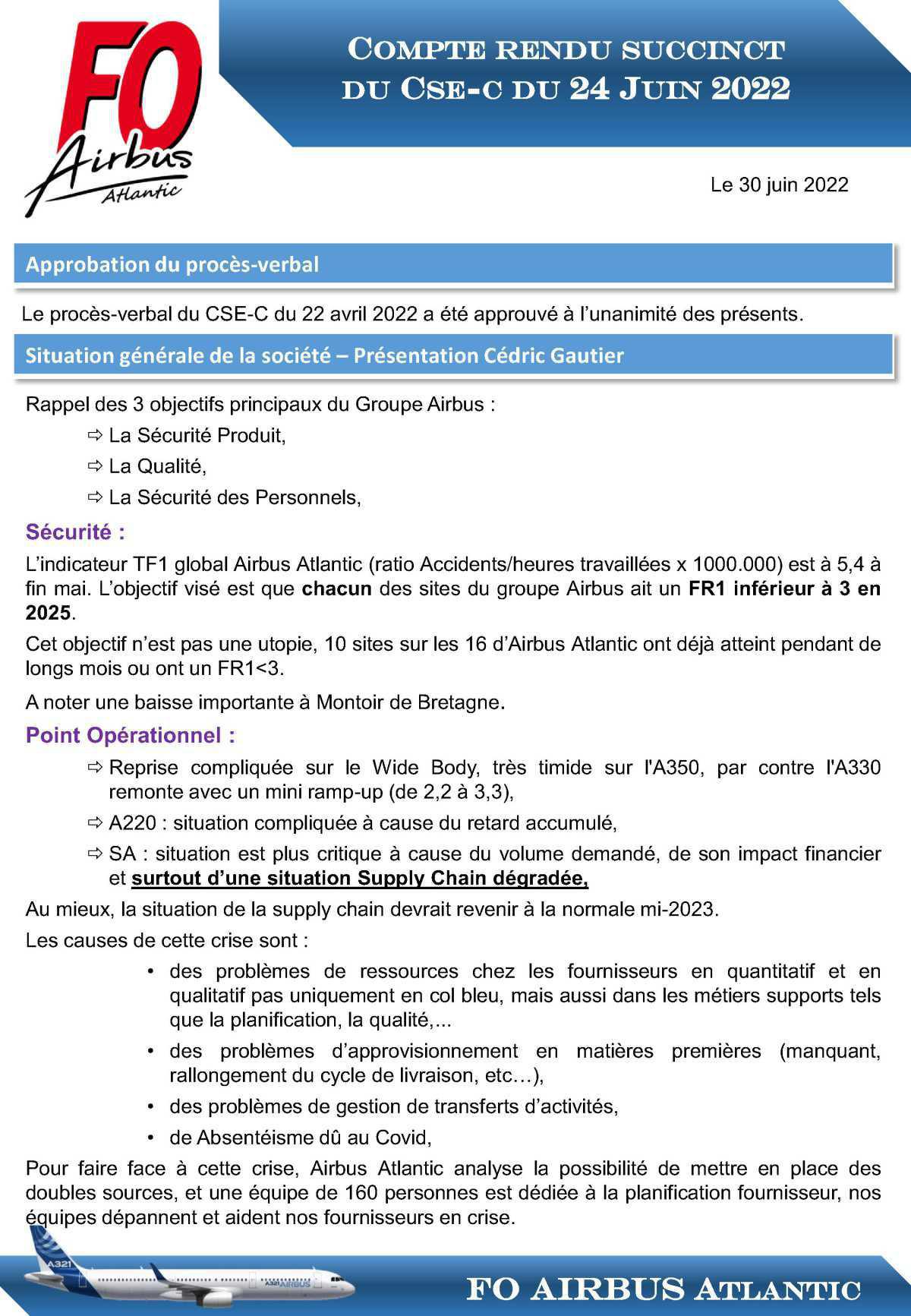 Compte rendu succinct du CSE-C du 24 juin 2022 Compte rendu succinct du CSE-C du 24 juin 2022