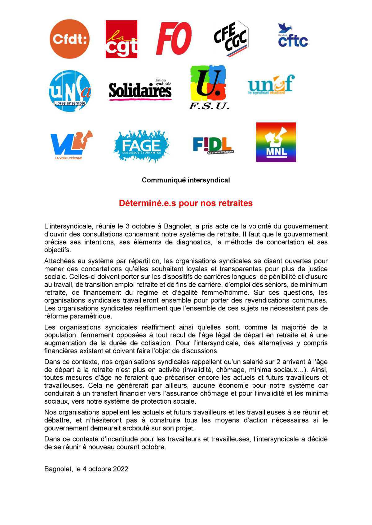 Communiqué intersyndical du 3 octobre : Déterminé.e.s pour nos retraites, tenez vous prêt!