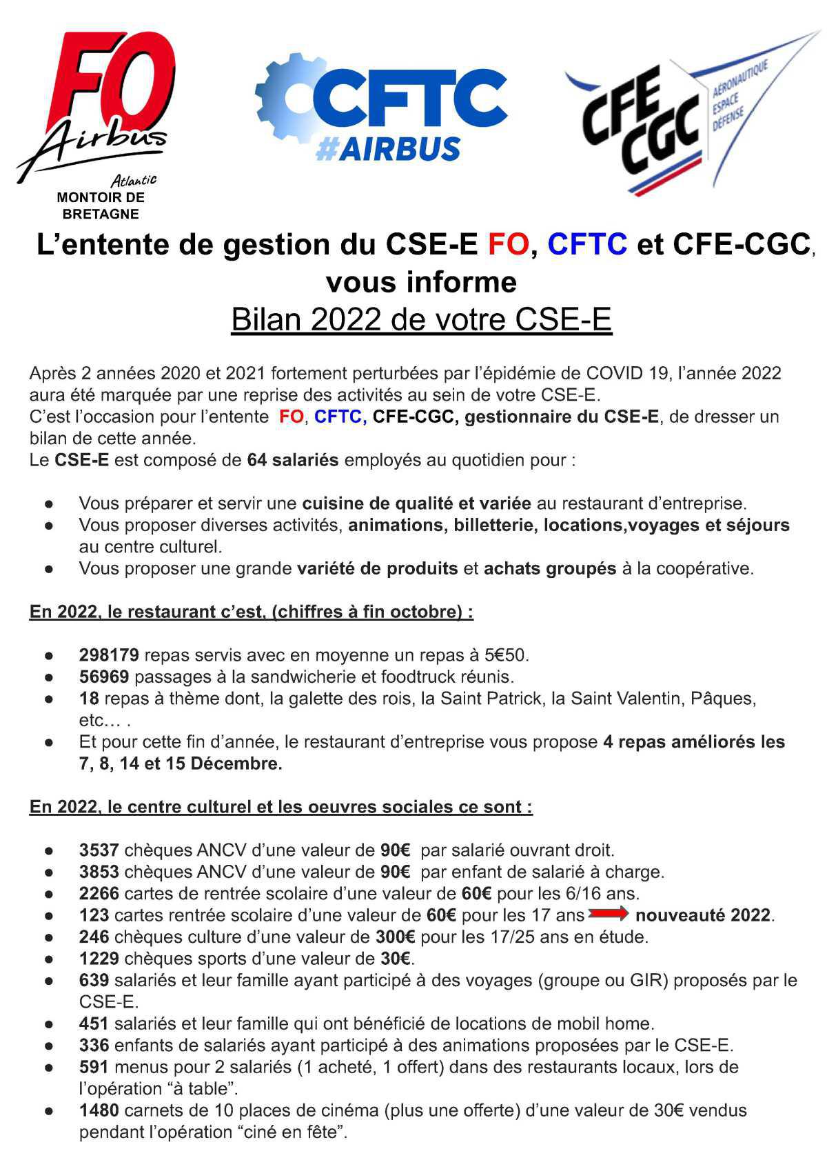 L’entente de gestion du CSE-E FO, CFTC et CFE-CGC vous informe : Bilan 2022 de votre CSE-E