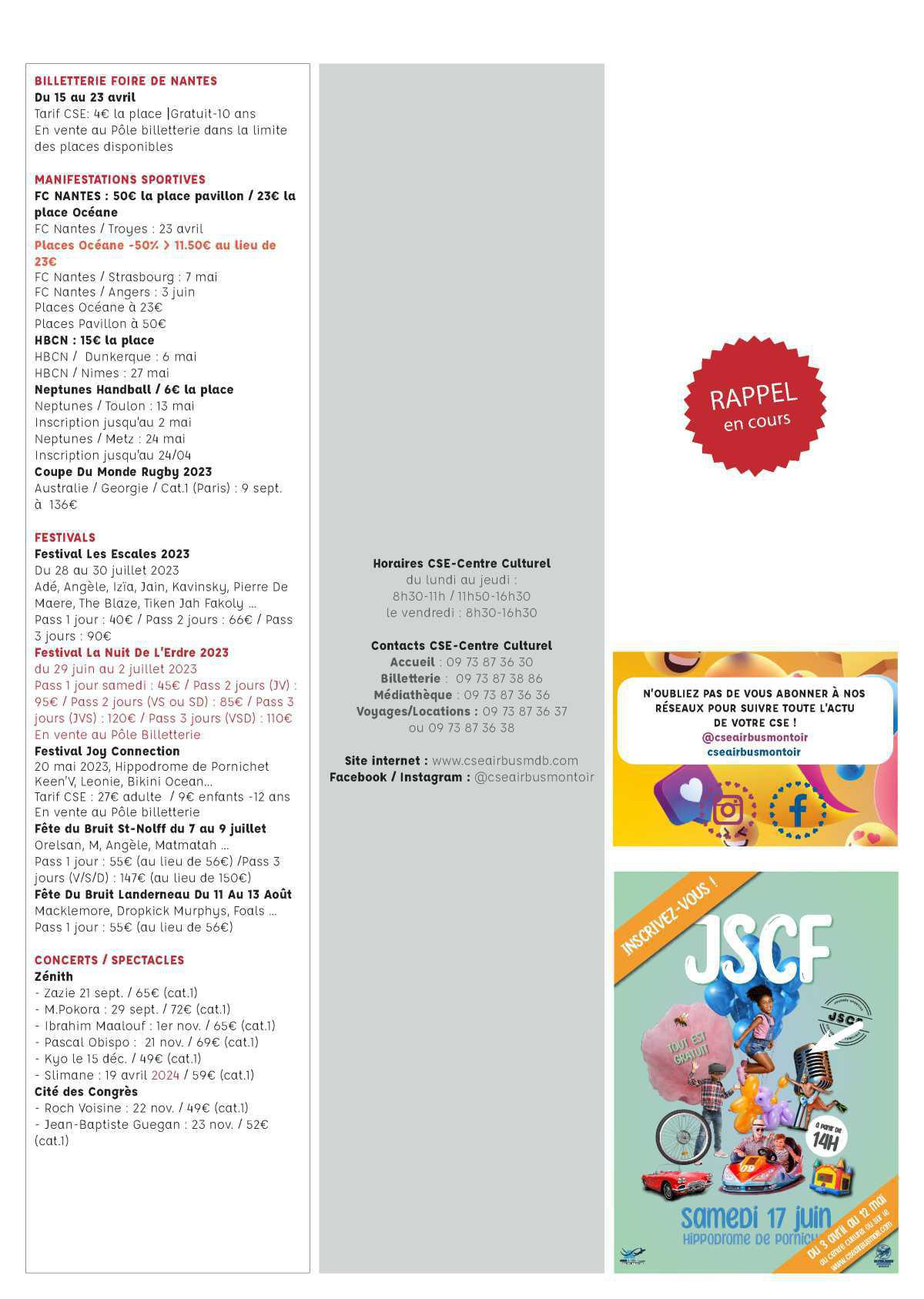 Informations du CSE et de la coopérative pour la semaine 16 Informations du CSE et de la coopérative pour la semaine 16