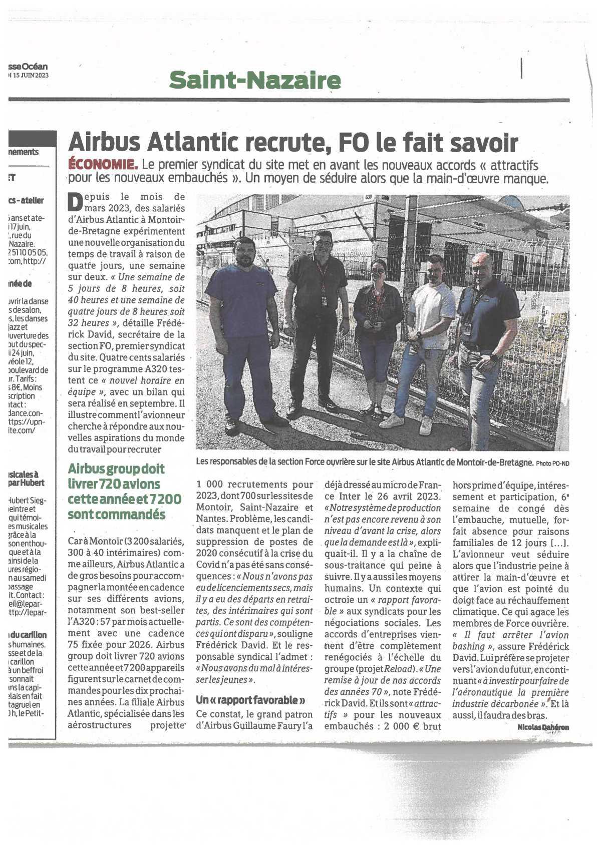 Article de Presse Océan : Airbus Atlantic recrute, FO le fait savoir