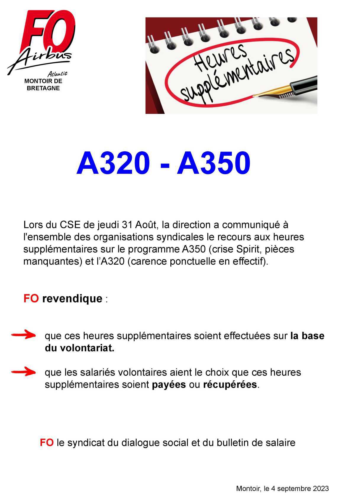 Heures supplémentaires A320 - A350 : revendications FO