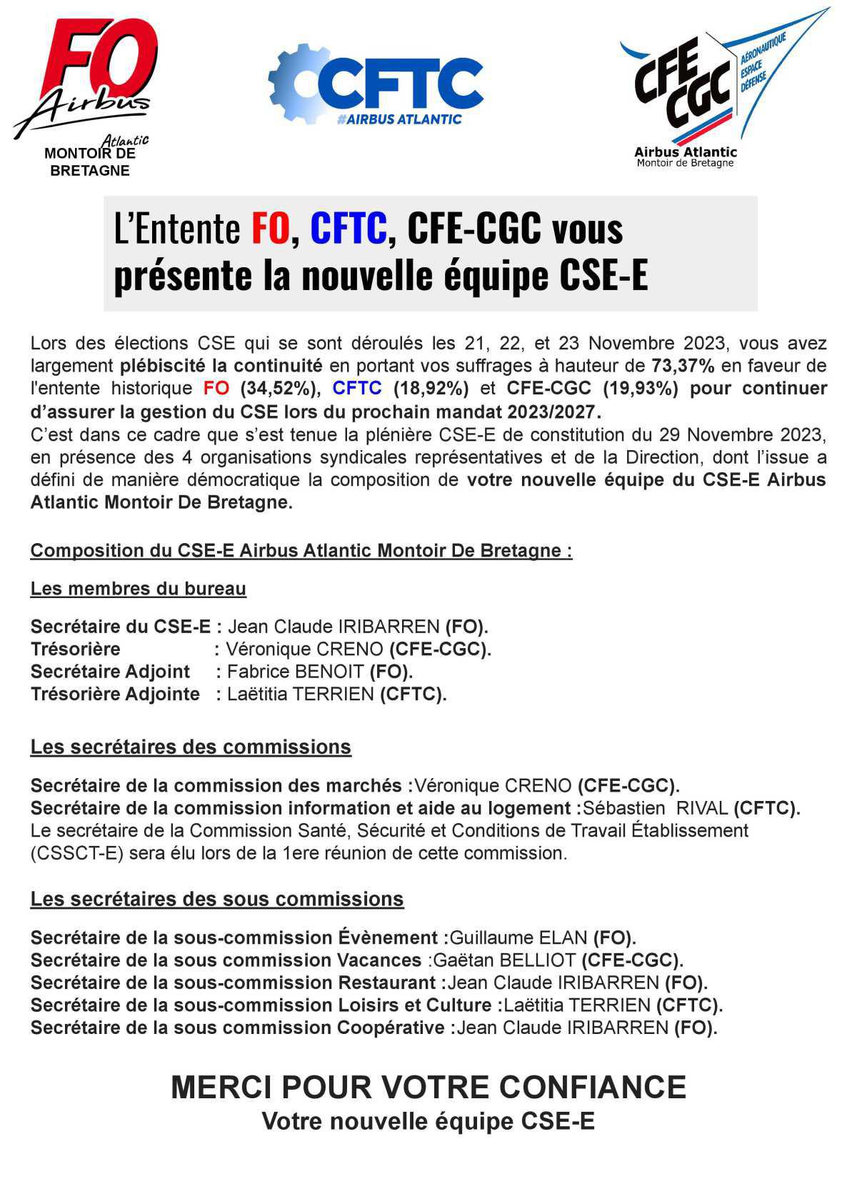 L'entente FO, CFTC, CFE-CGC vous présente la nouvelle équipe CSE-E 