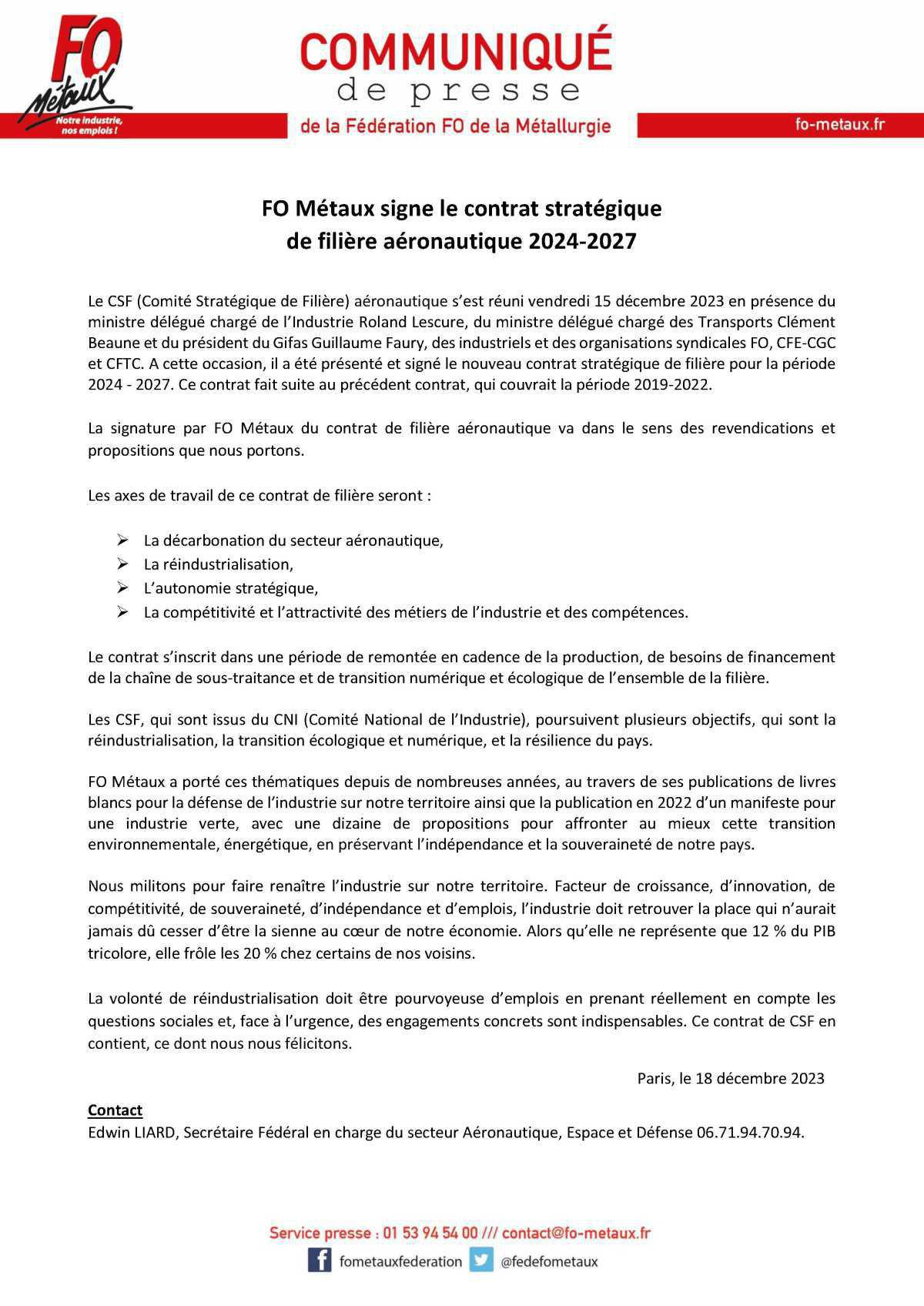 Communiqué de presse de la Fédération FO de la Métallurgie Communiqué de presse de la Fédération FO de la Métallurgie