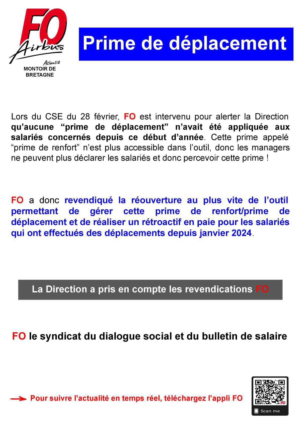 Prime de renfort / déplacements : Intervention FO en CSE du 29/02/24
