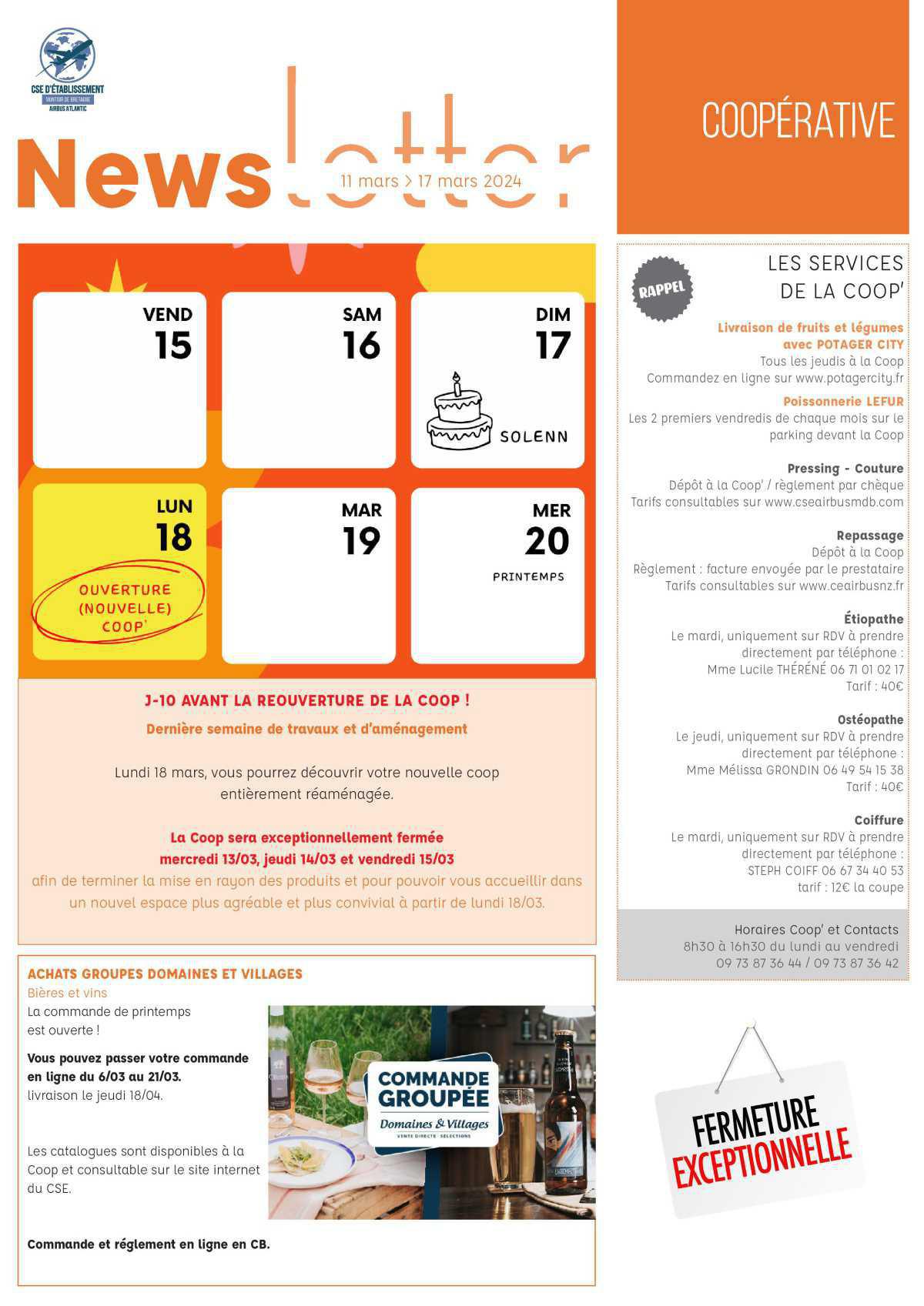 Informations du CSE et de la coopérative semaine 11 Informations du CSE et de la coopérative semaine 11