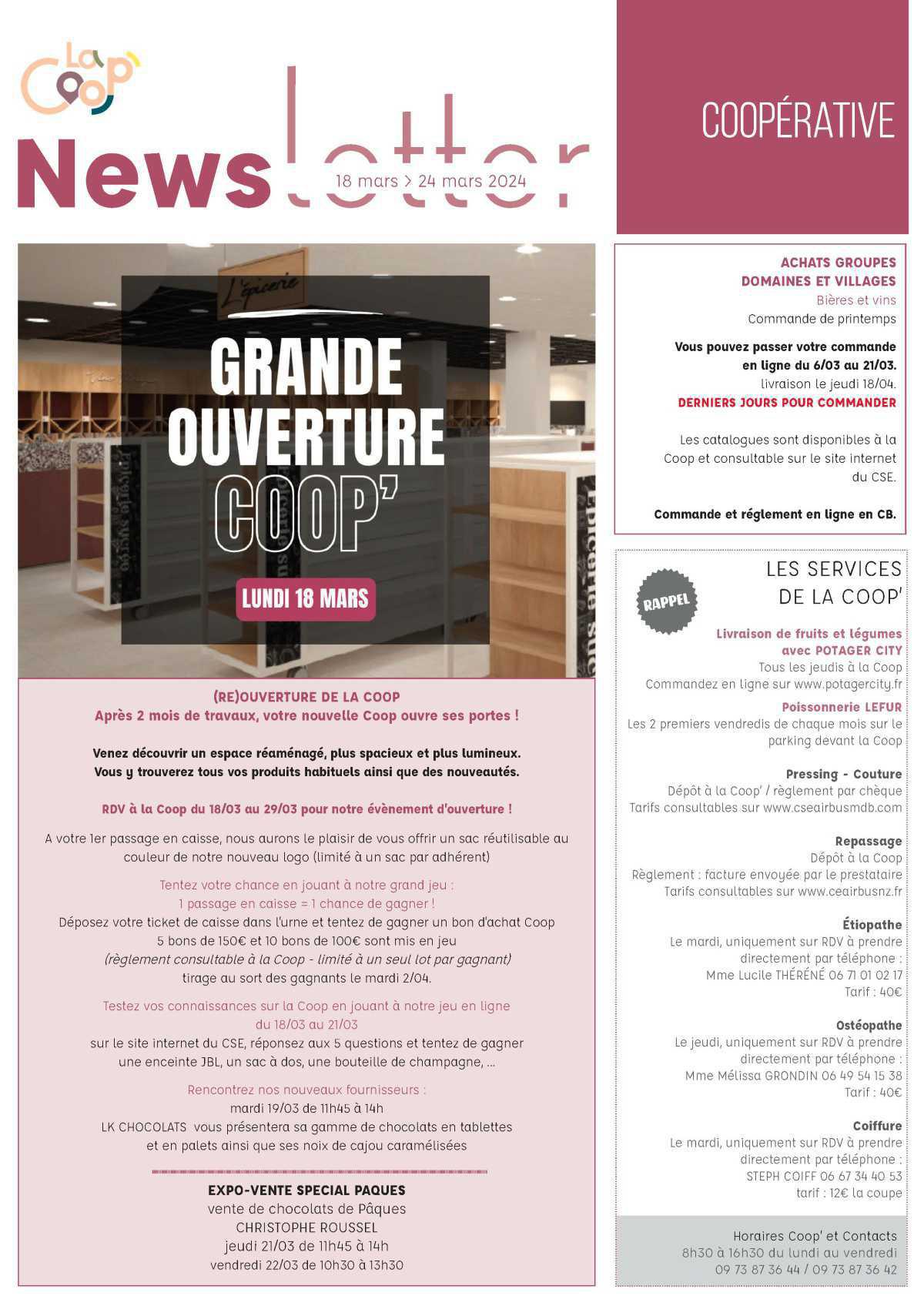 Informations du CSE et de la Coopérative semaine 12 Informations du CSE et de la Coopérative semaine 12