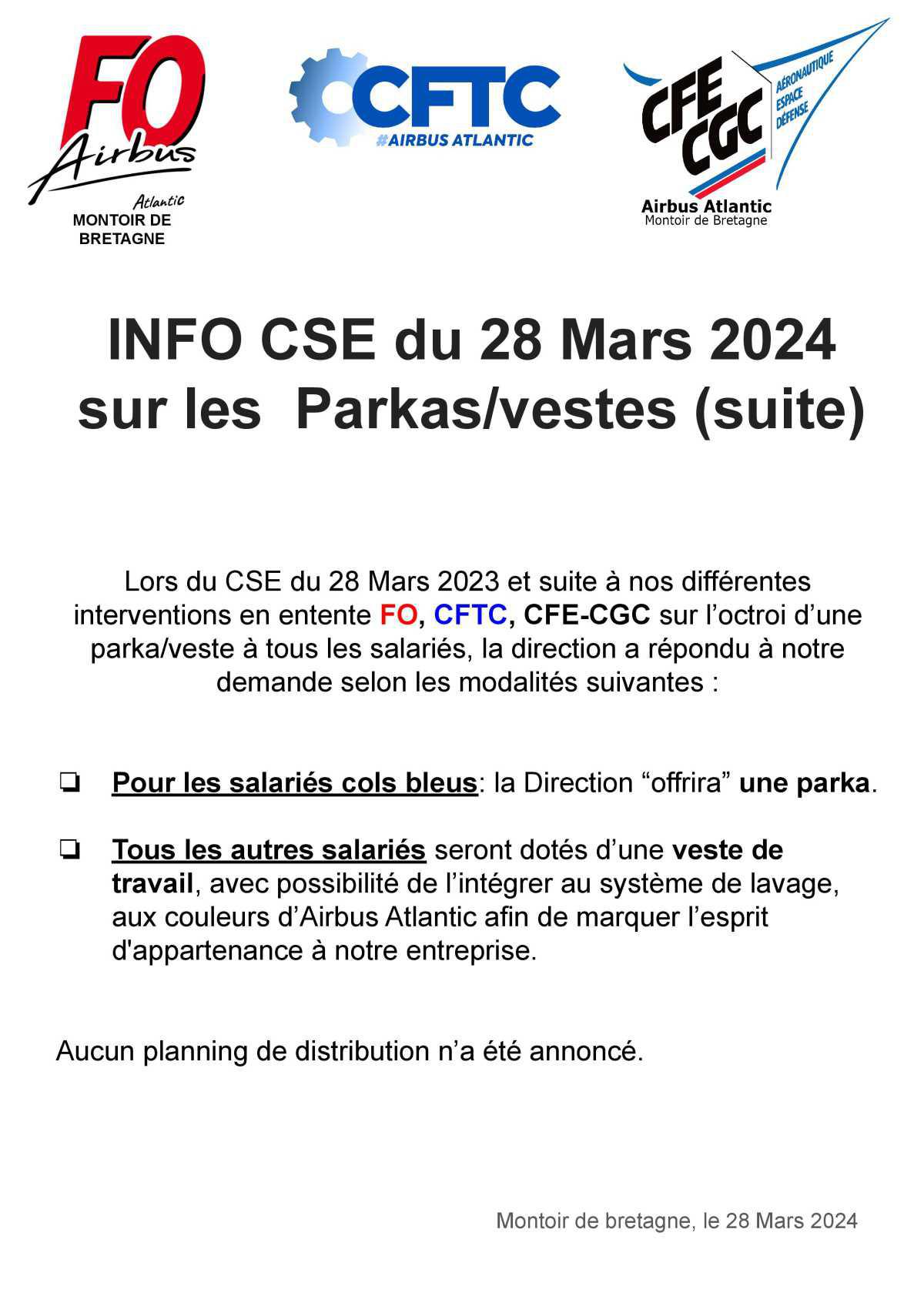 Info CSE du 28 mars 2024 : Parkas - Vestes