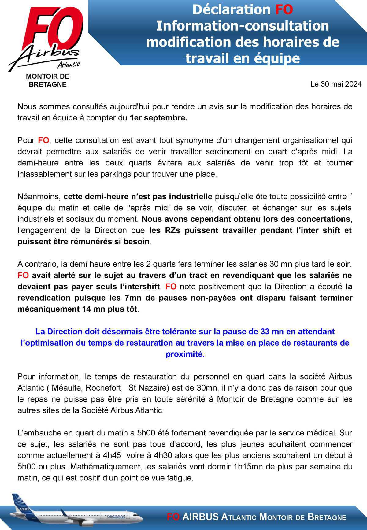 Déclaration FO au CSE du 30 05 24 : modification des horaires de travail en équipe