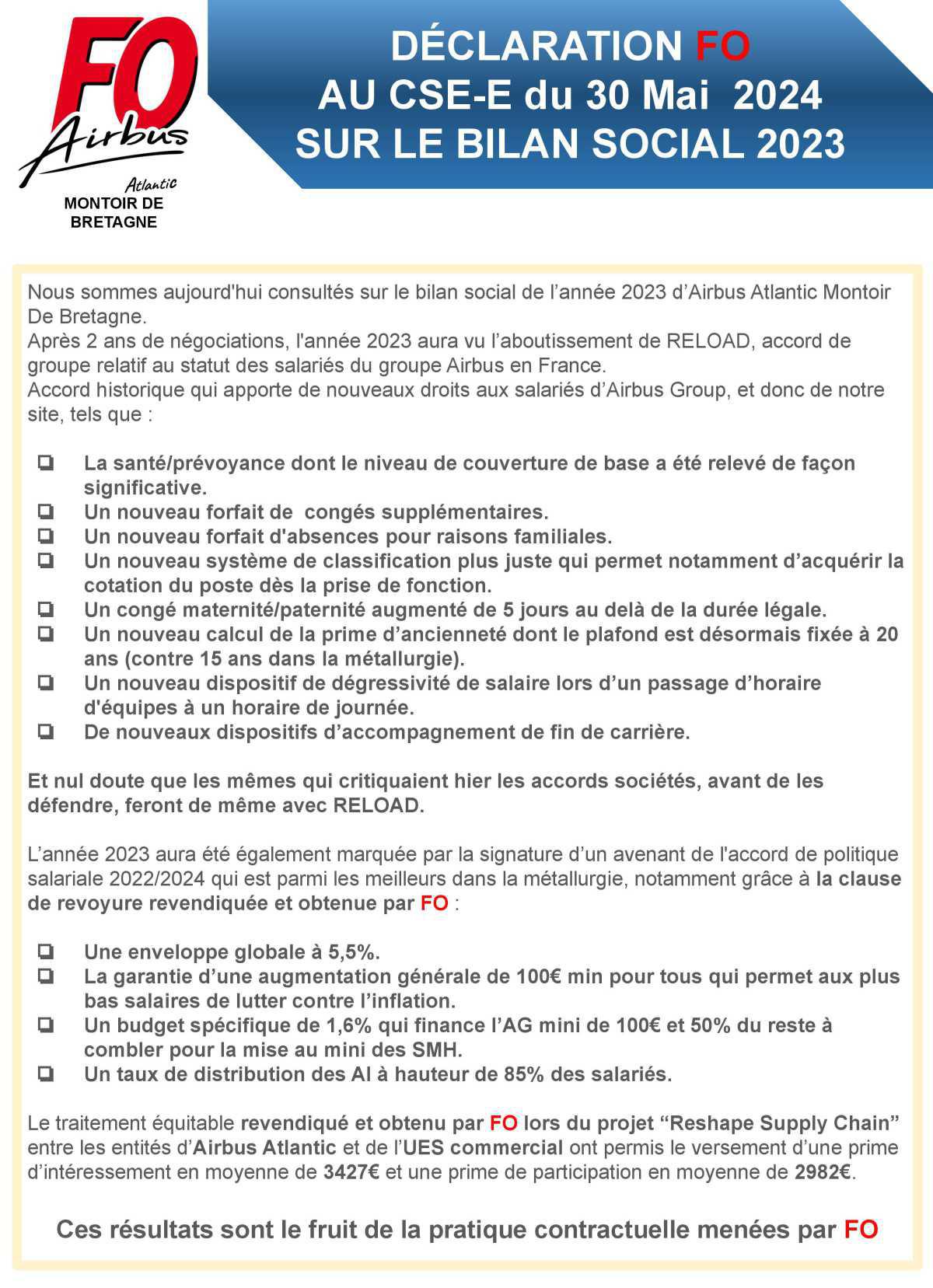 Déclaration FO au CSE du 30 05 24 sur le Bilan social 2023