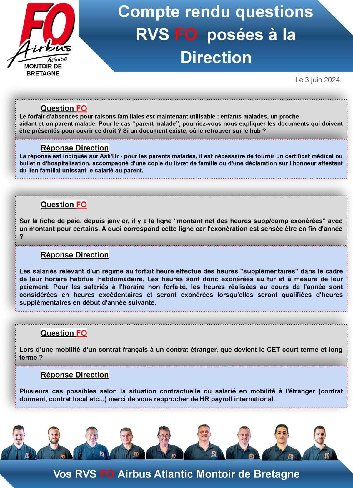 Compte rendu des questions RVS FO posées à la direction 