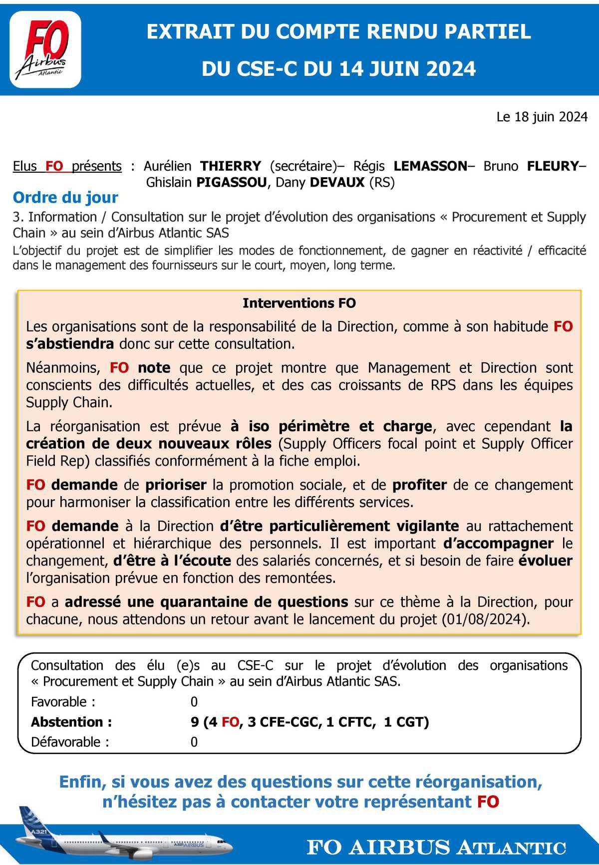 CR du CSE-C du 14 juin 2024 : Interventions FO - Evolution organisations "Procurement et Supply Chain"