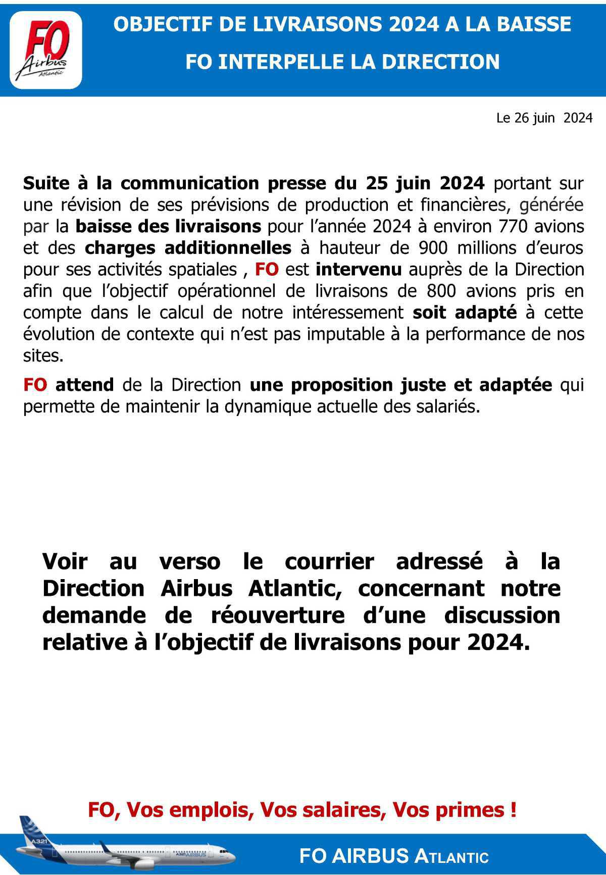 Courrier à la direction : demande de réouverture accord d'intéressement 2024