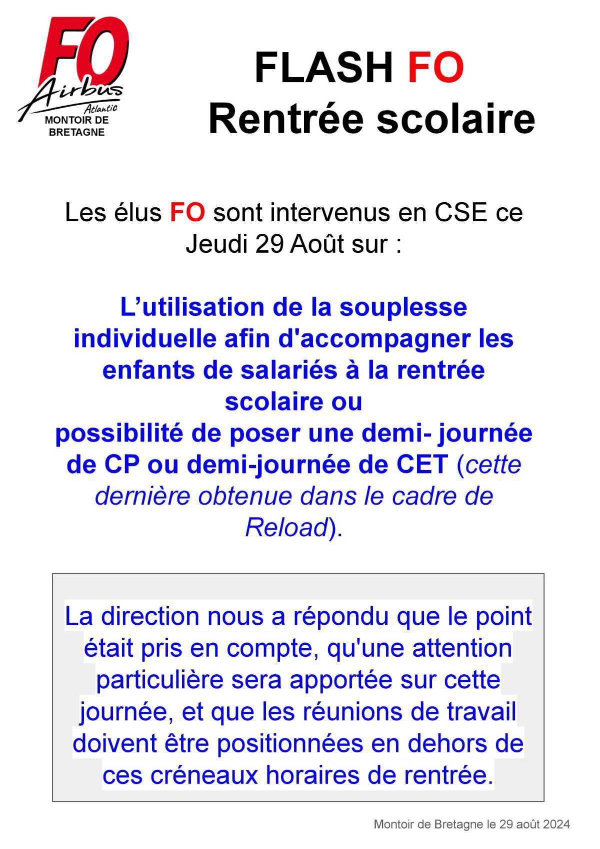 FLASH FO : rentrée scolaire, intervention FO en CSE 