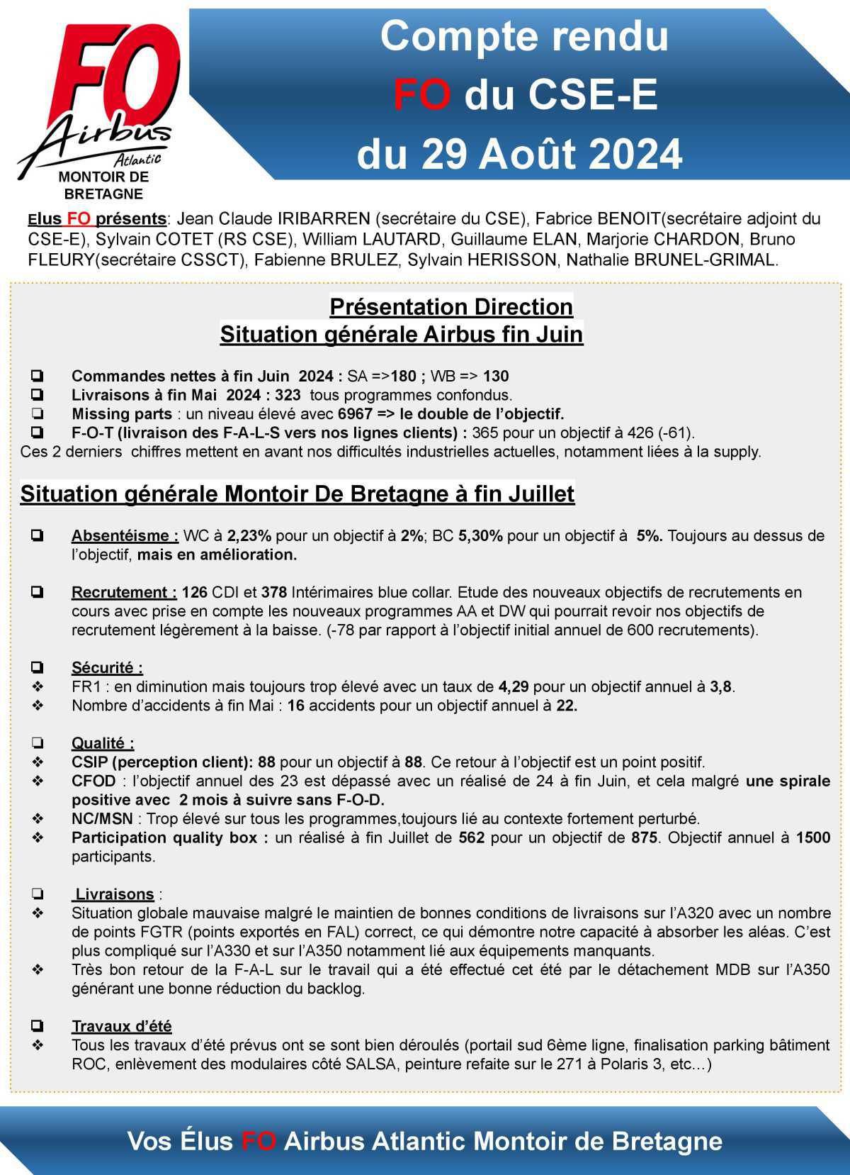 Compte rendu FO du CSE- E du 29 août 2024