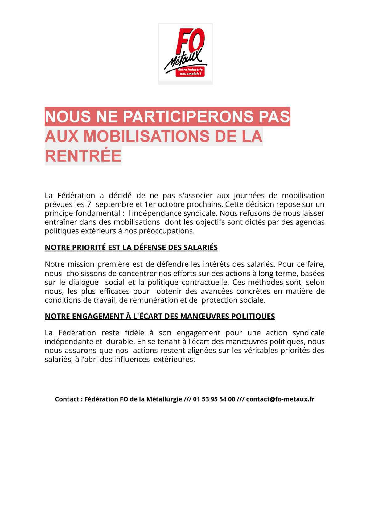 FO METAUX NE PARTICIPERA PAS AUX MOBILISATIONS DE LA RENTRÉE