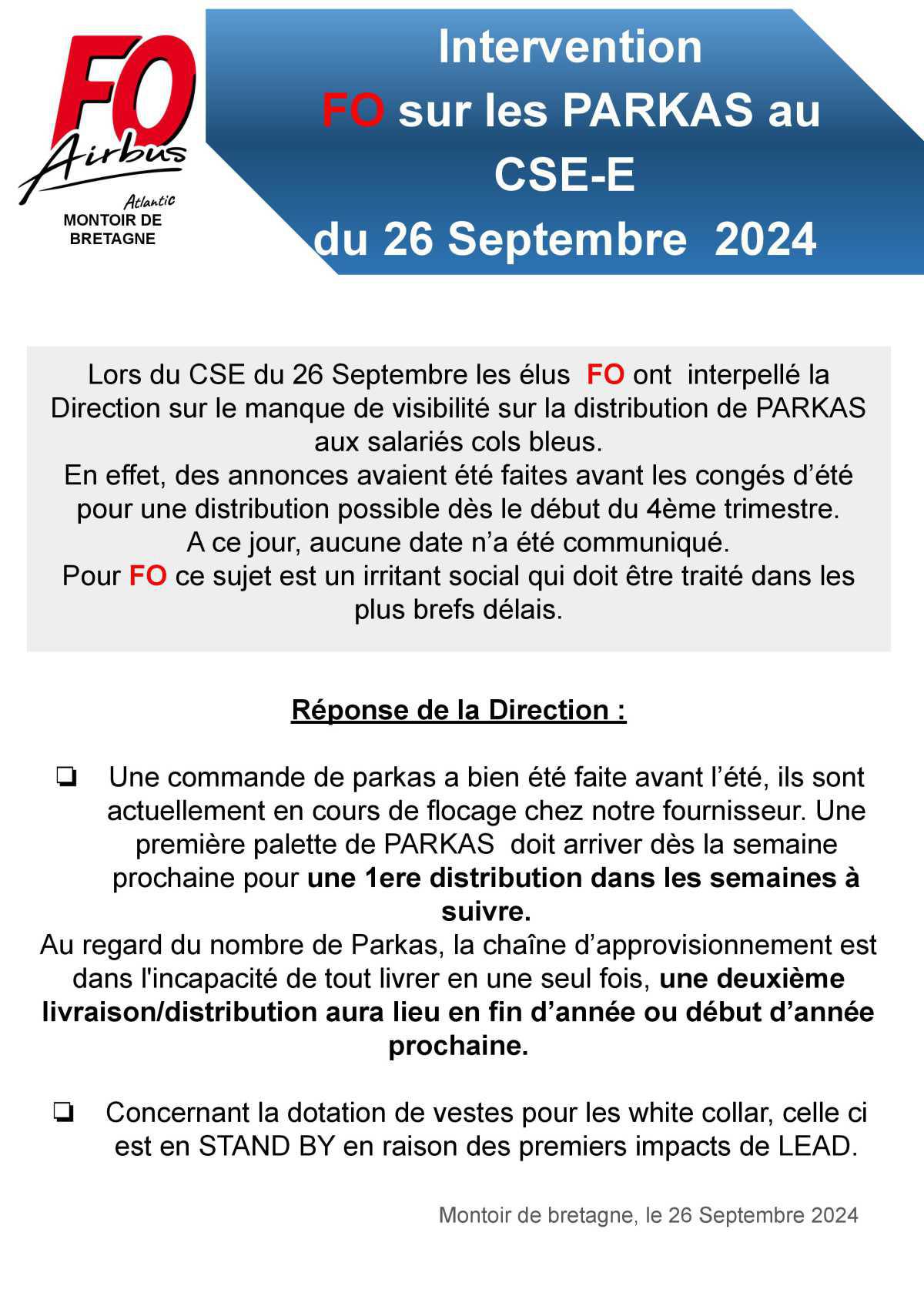 Intervention FO sur les parkas au CSE-E du 26/09/24